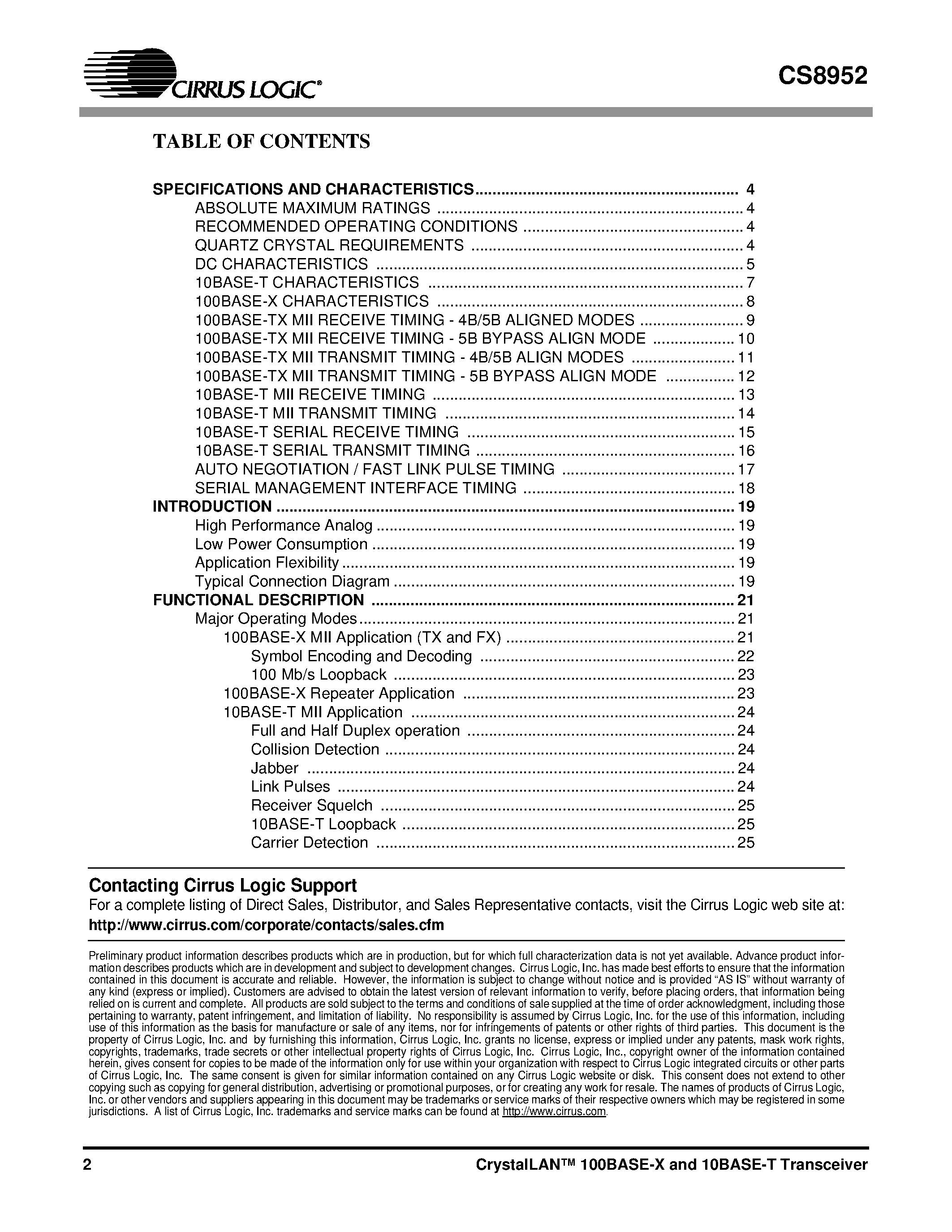 Datasheet CDB8952 - CrystalLAN 100BASE-X and 10BASE-T Transceiver page 2