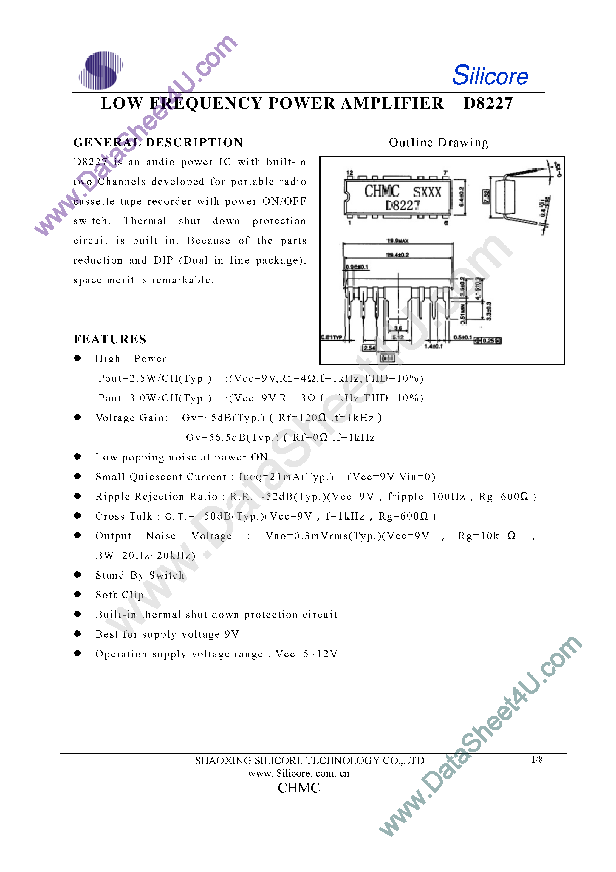 Даташит на микросхему D8227 страница 1 Даташит D8227 - Low Frequency Power Amplifier страница 1