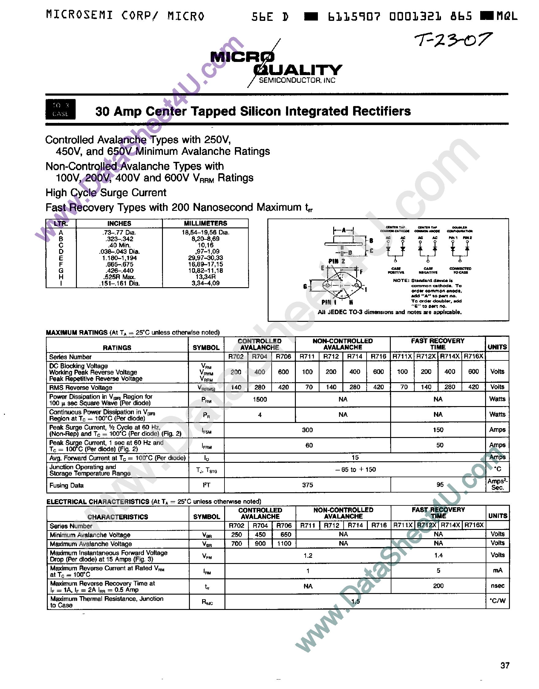 Datasheet R711A page 1 Datasheet R711A - 30 Amp Center Tapped Silicon Integrated Rectifiers page 1