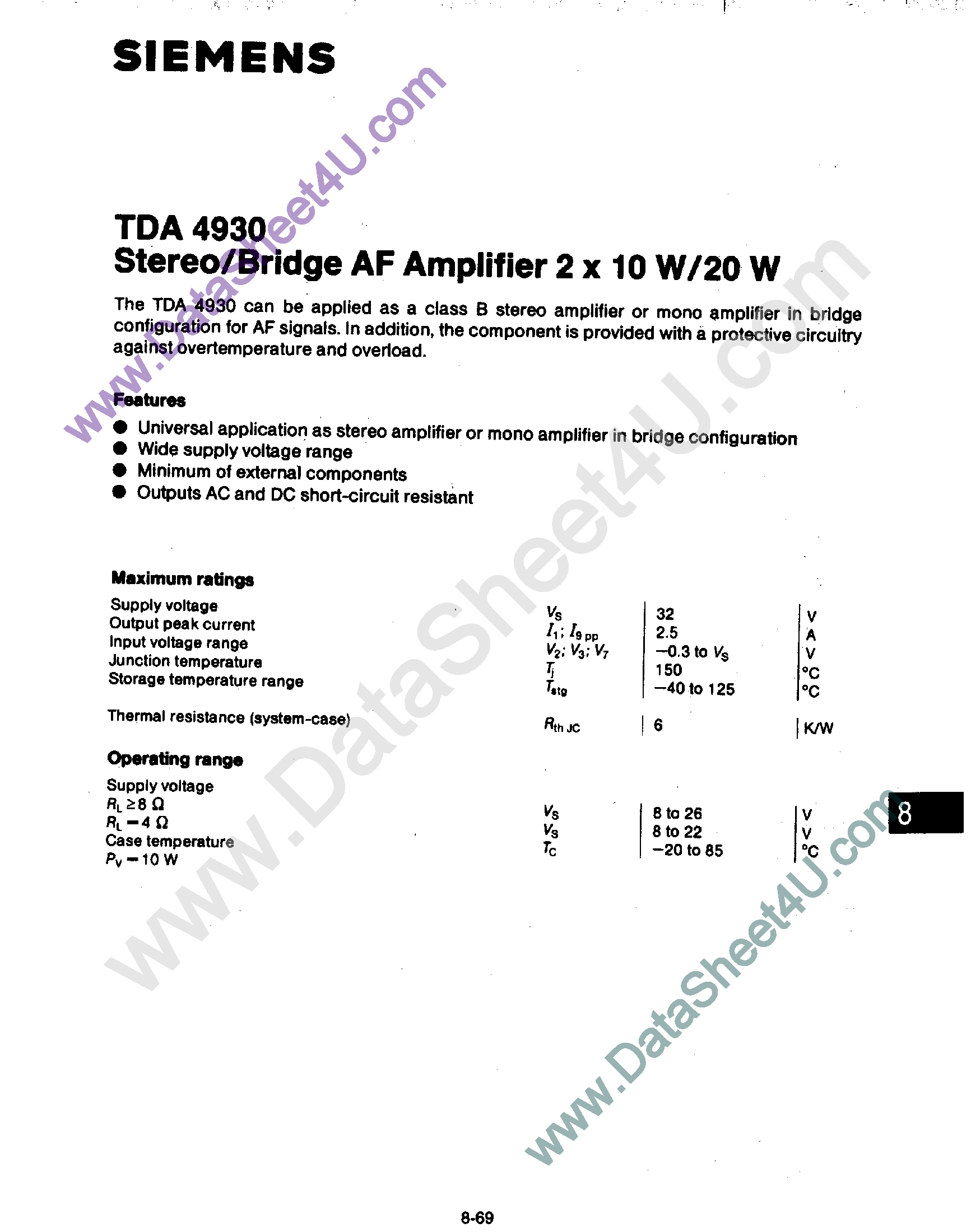 Datasheet TDA4930 - Stereo / Bridge AF Amplifier 2 x 10W / 20W page 1