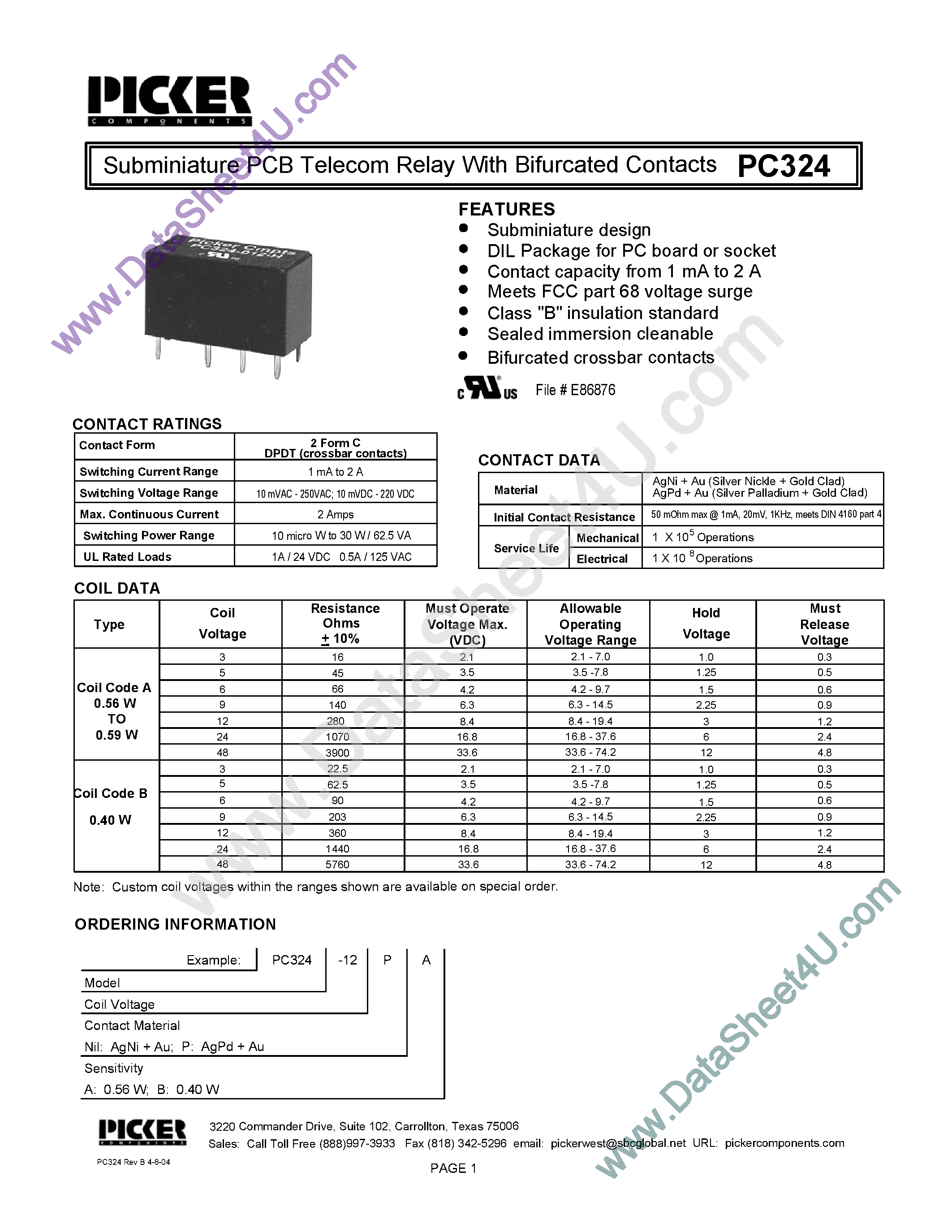 Datasheet PC324 - Subminiature PCB Telecom Relay page 1