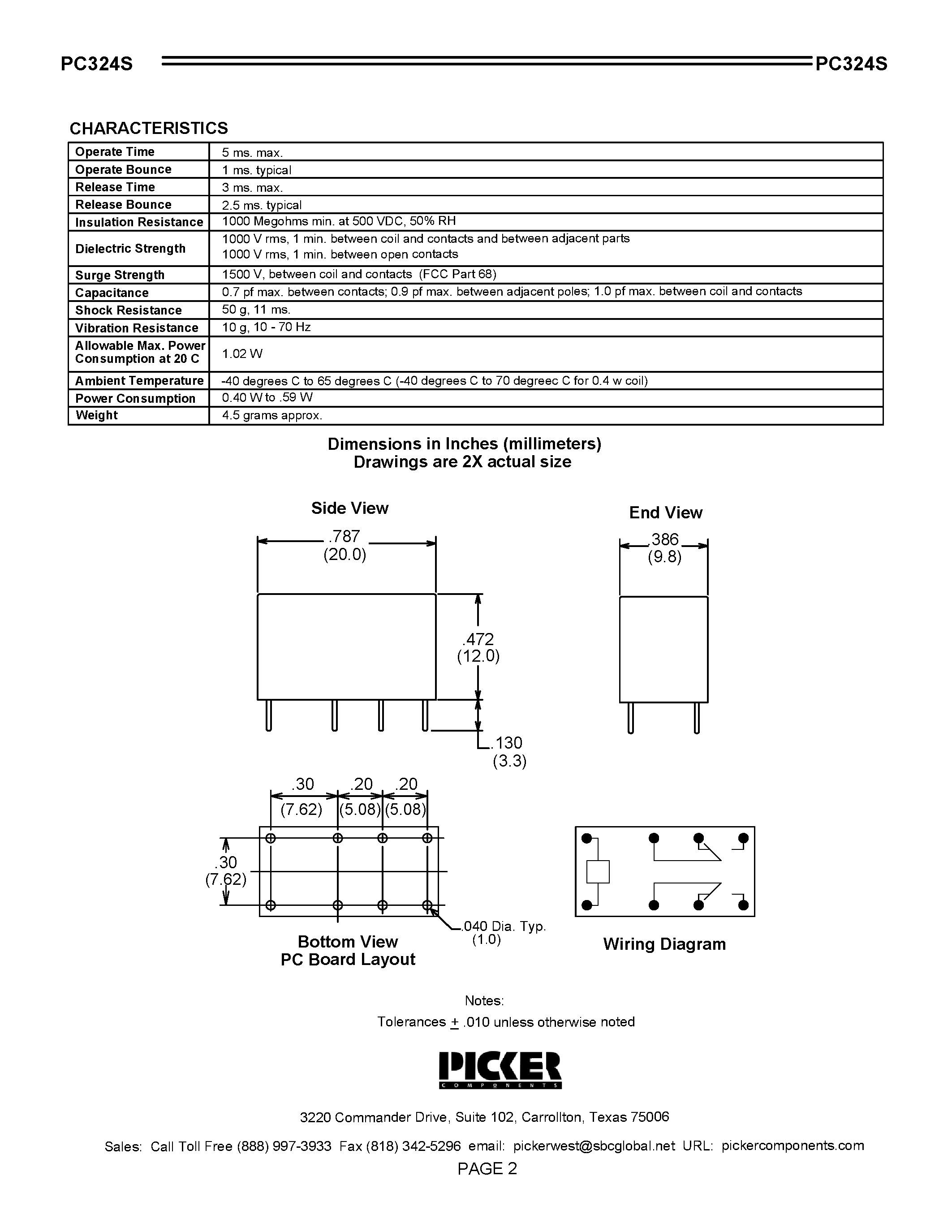 Datasheet PC324 - Subminiature PCB Telecom Relay page 2
