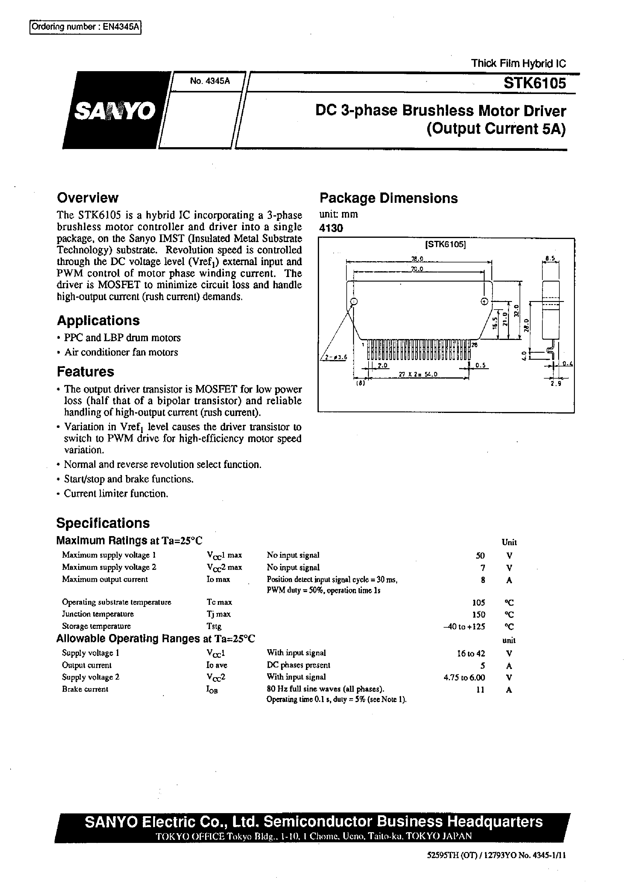 Datasheet STK6105 page 1 Datasheet STK6105 - DC 3-phase Brushless Motor Driver (Output Current 5A) page 1