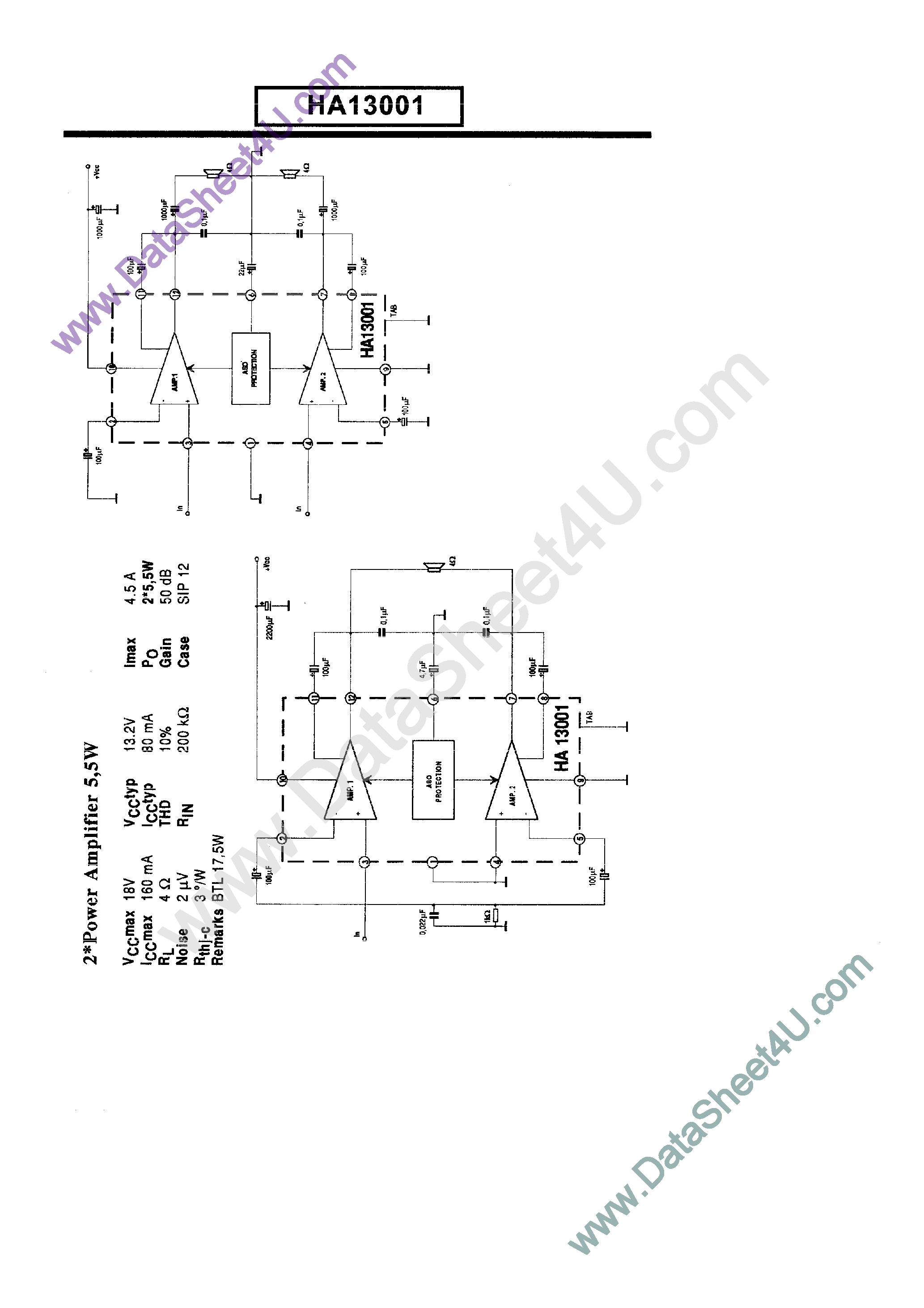 Даташит HA13001 - 2 x Power Amplifier страница 1