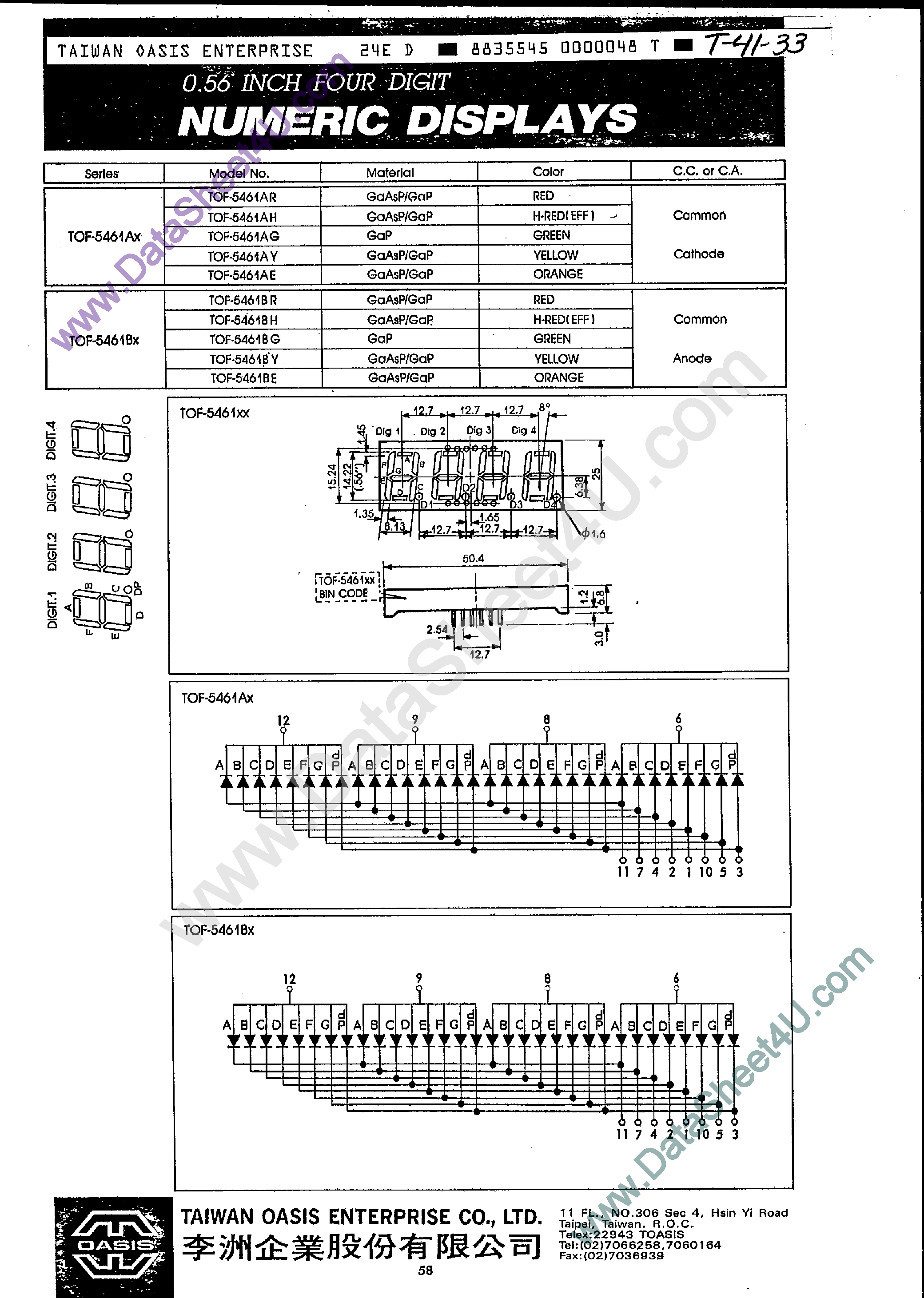 Даташит TOF-5461 - 4-Digital Numeric Displays страница 1