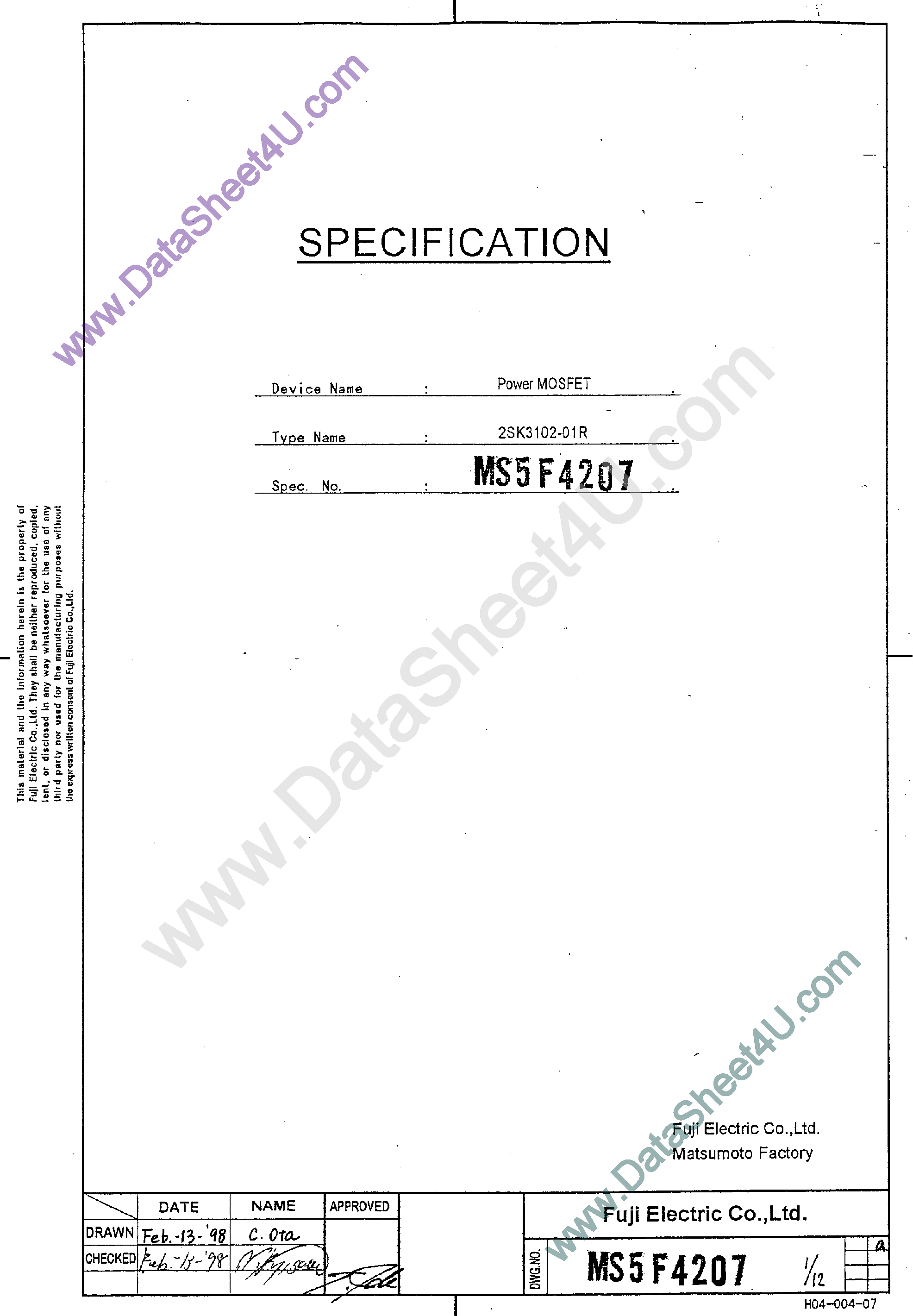 Даташит 2SK3102-01R - MOSFET / Power MOSFETs страница 1
