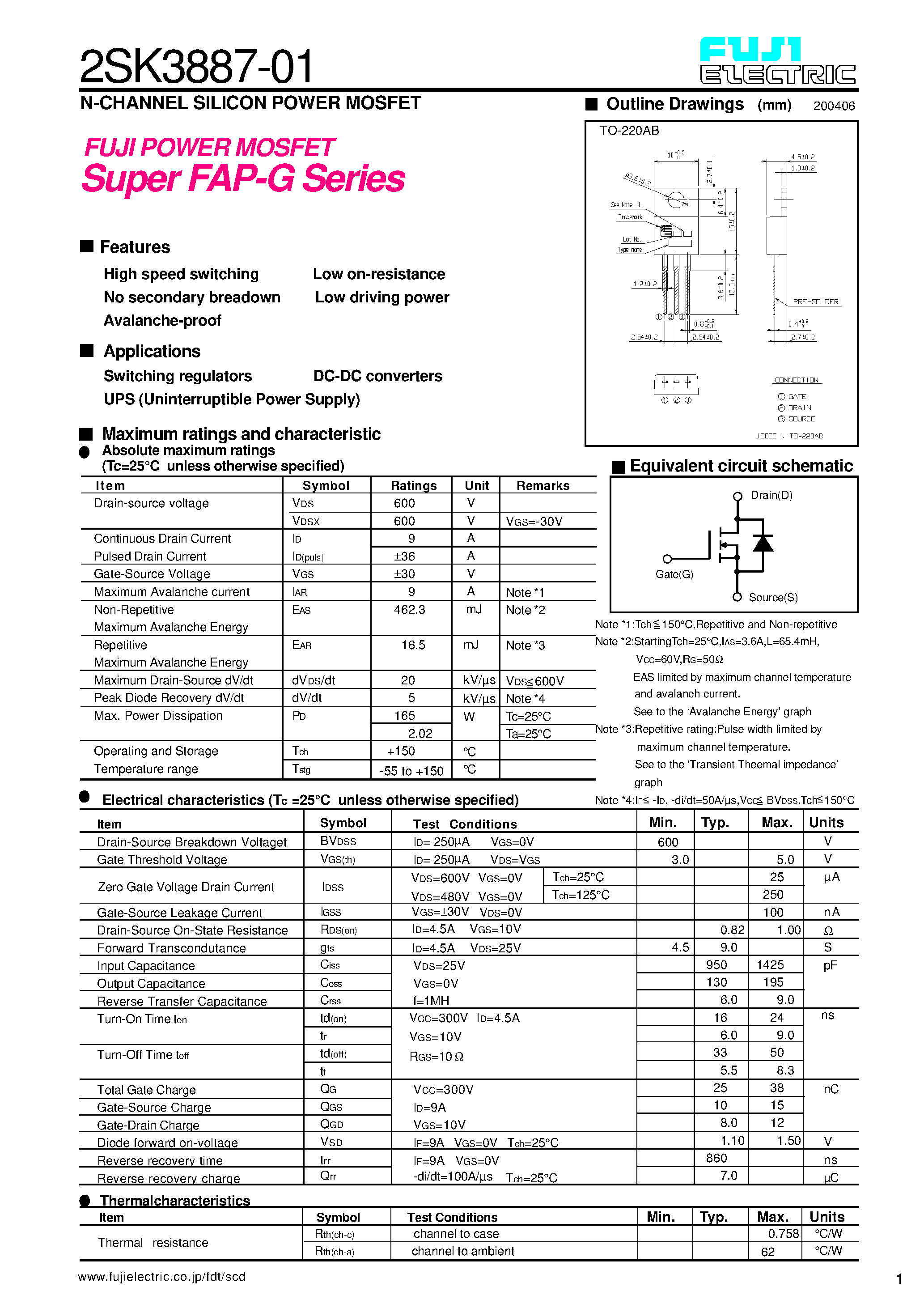 Datasheet 2SK3887-01 - N-CHANNEL SILICON POWER MOSFET page 1