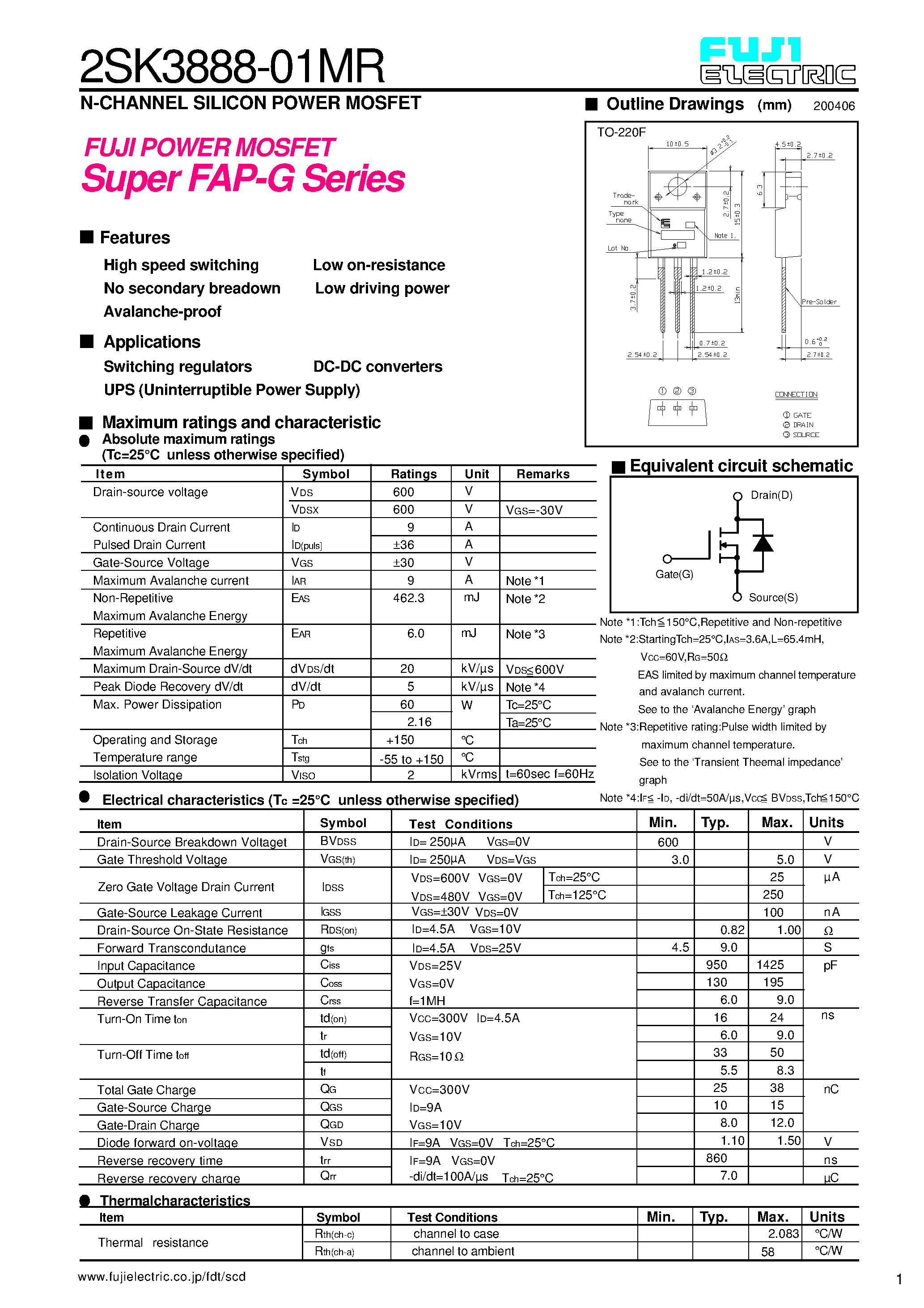 Datasheet 2SK3888-01MR - N-CHANNEL SILICON POWER MOSFET page 1