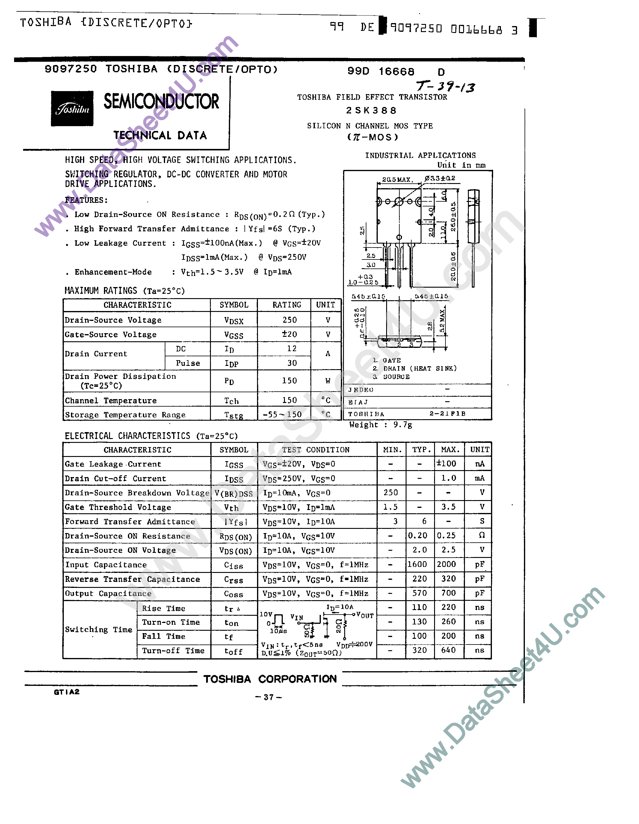 Datasheet 2SK388 - Silicon N-Channel MOS Type page 1