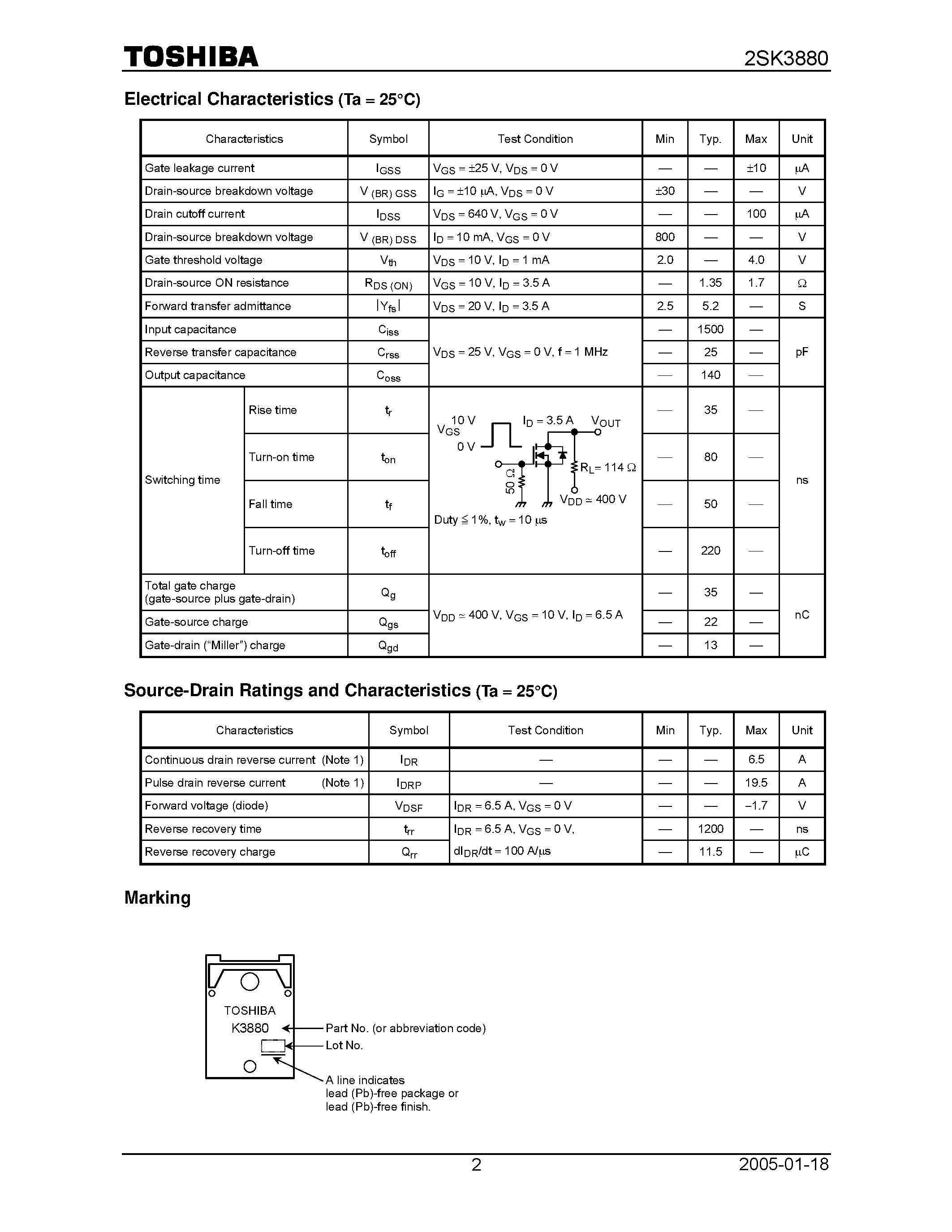 Datasheet 2SK3880 - Field Effect Transistor / Silicon N-Channel MOS Type page 2