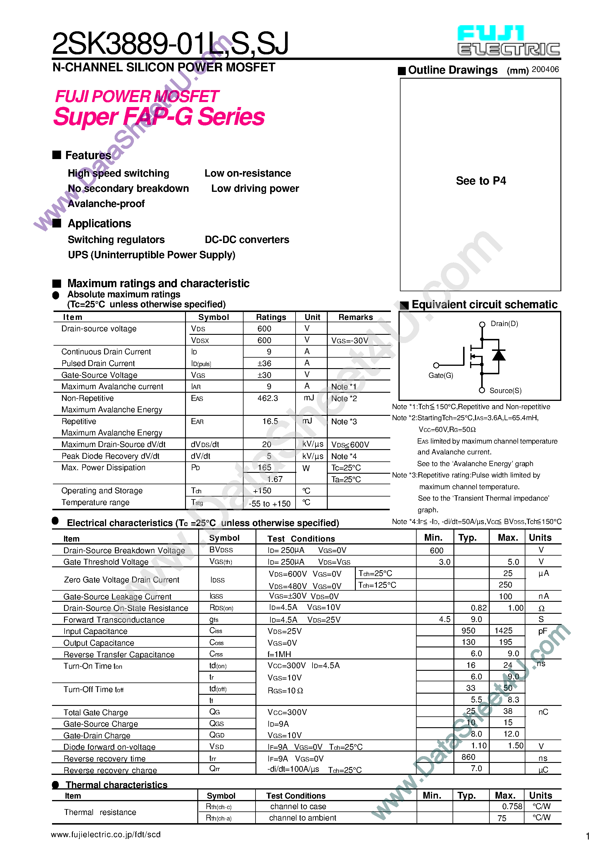 Datasheet 2SK3889-01L - (2SK3889-01L/S/SJ) Power MOSFET / Super FAP-G Series page 1