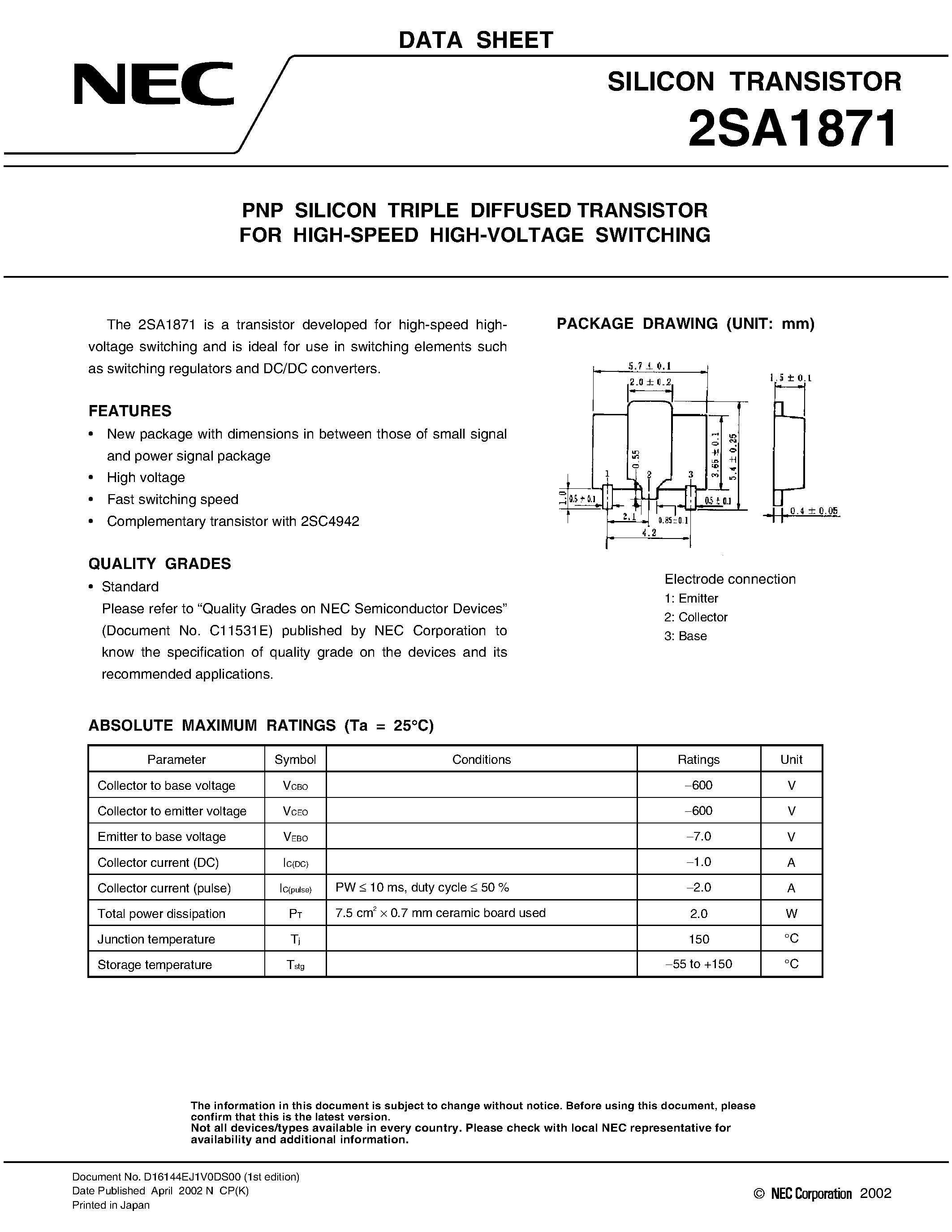 Datasheet 2SA1871 - PNP SILICON TRIPLE DIFFUSED TRANSISTOR FOR HIGH-SPEED HIGH-VOLTAGE SWITCHING page 1