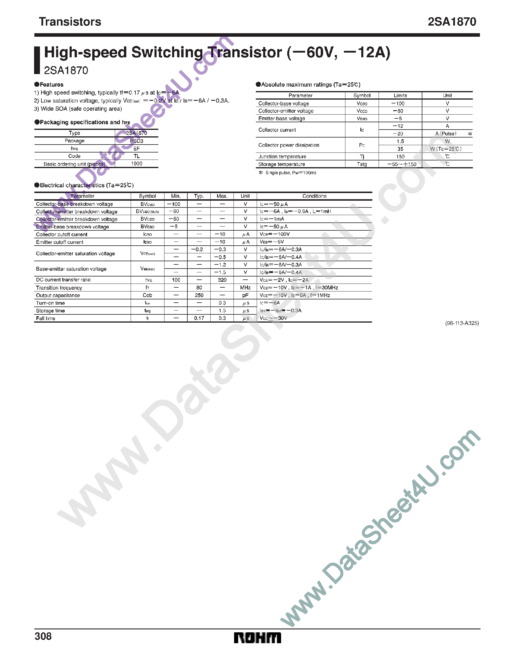 Datasheet 2SA1870 - High Speed Switching Transistor page 1