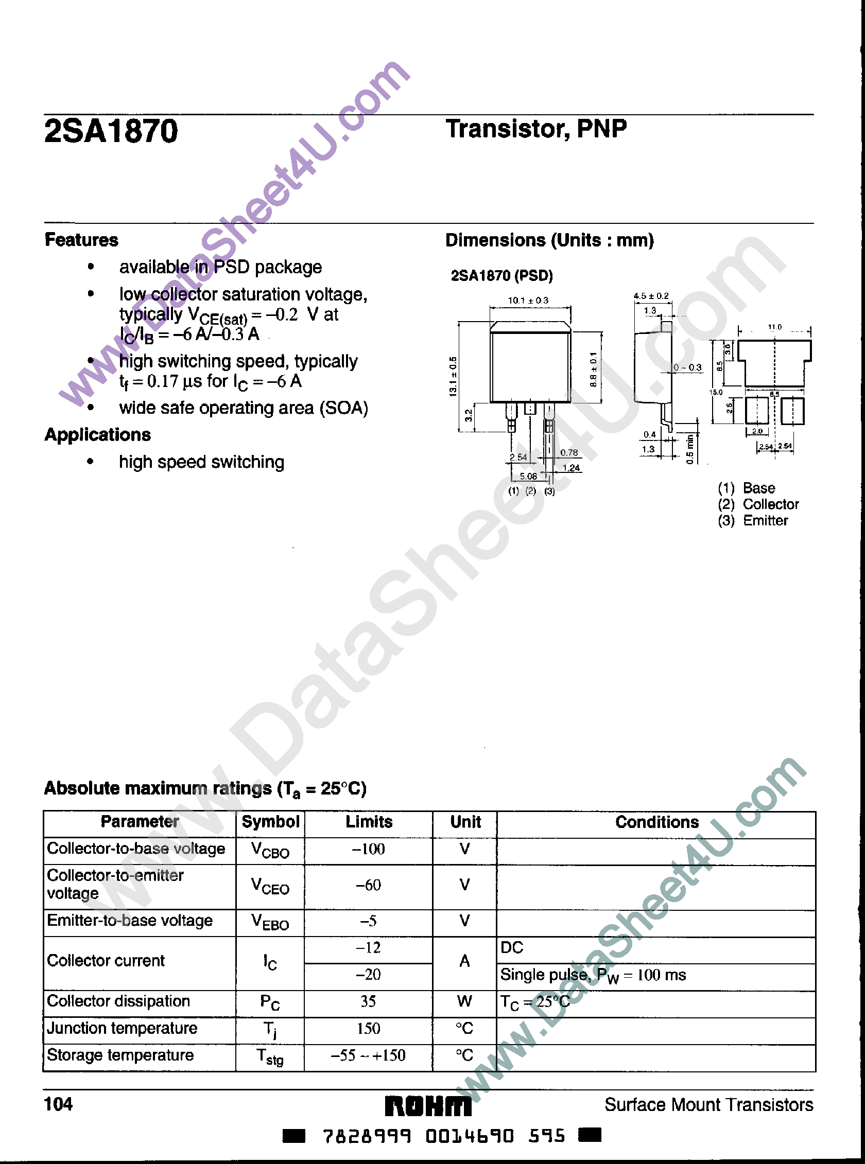 Datasheet 2SA1870 - PNP Transistor page 1