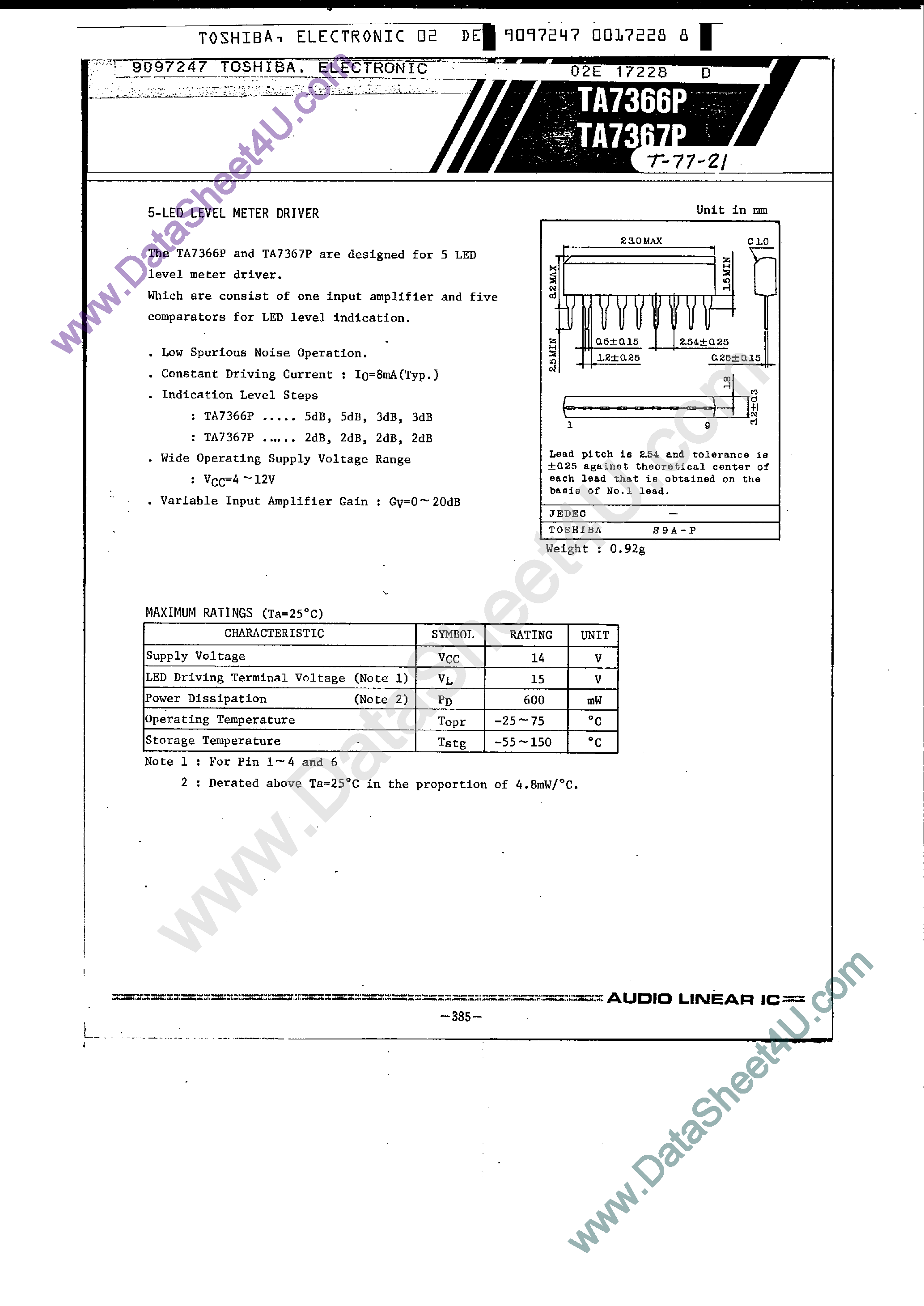 Datasheet TA7366P - (TA7366P / TA7367P) 5-LED Level Meter Driver page 1