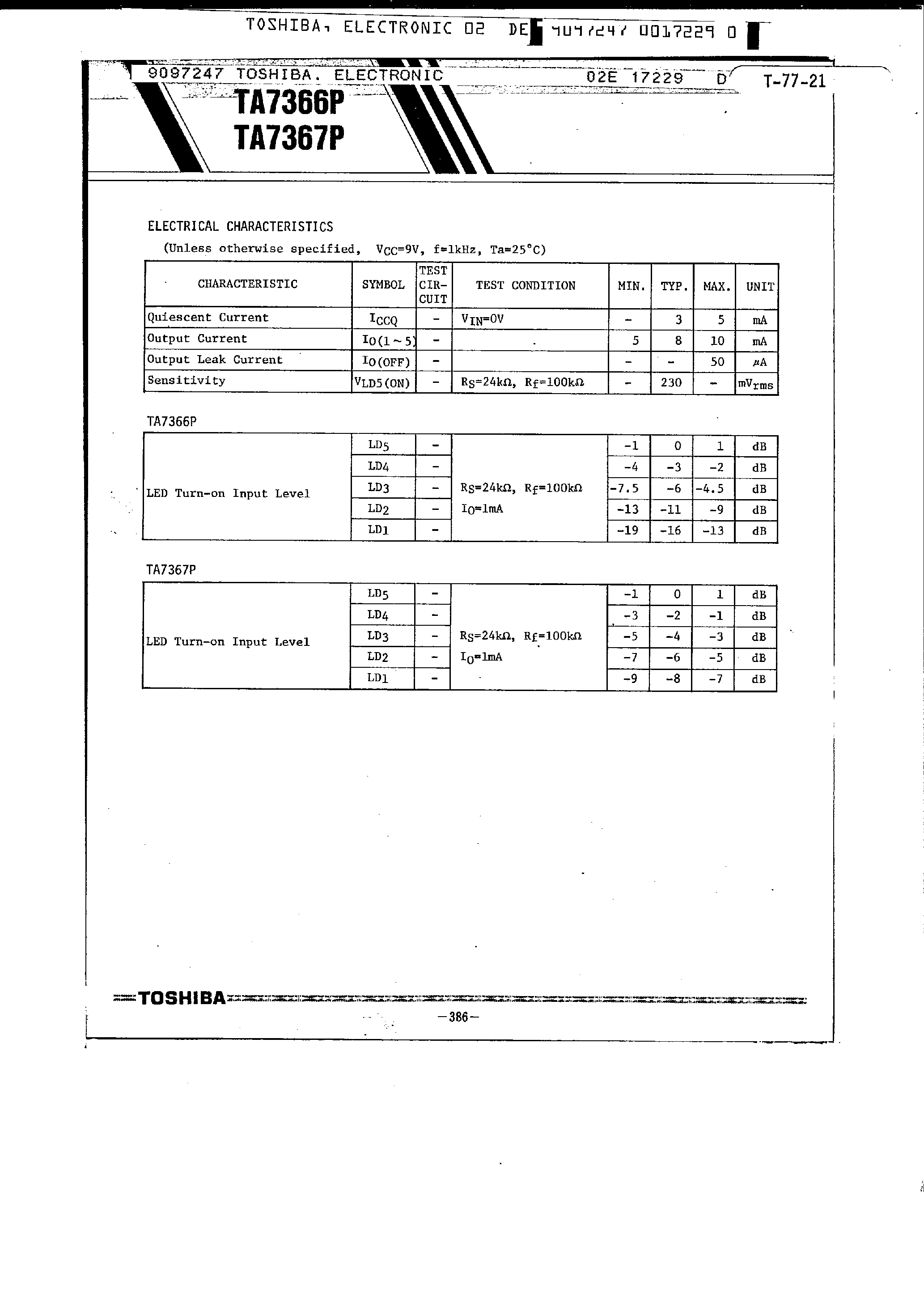 Datasheet TA7366P - (TA7366P / TA7367P) 5-LED Level Meter Driver page 2