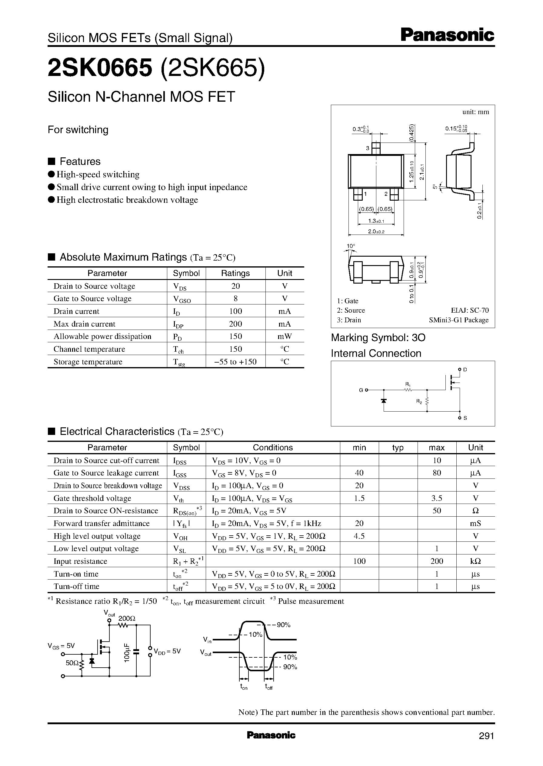 Даташит 2SK0665 - Silicon MOS FETs страница 1