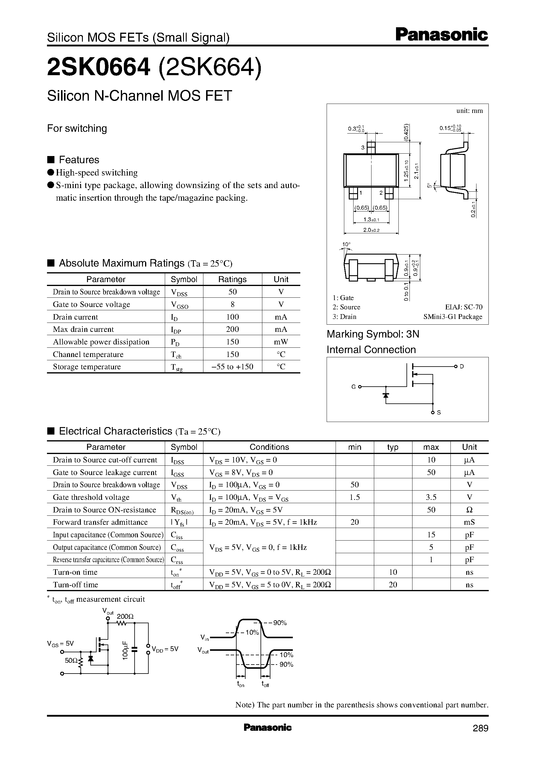 Даташит 2SK0664 - For Switching страница 1