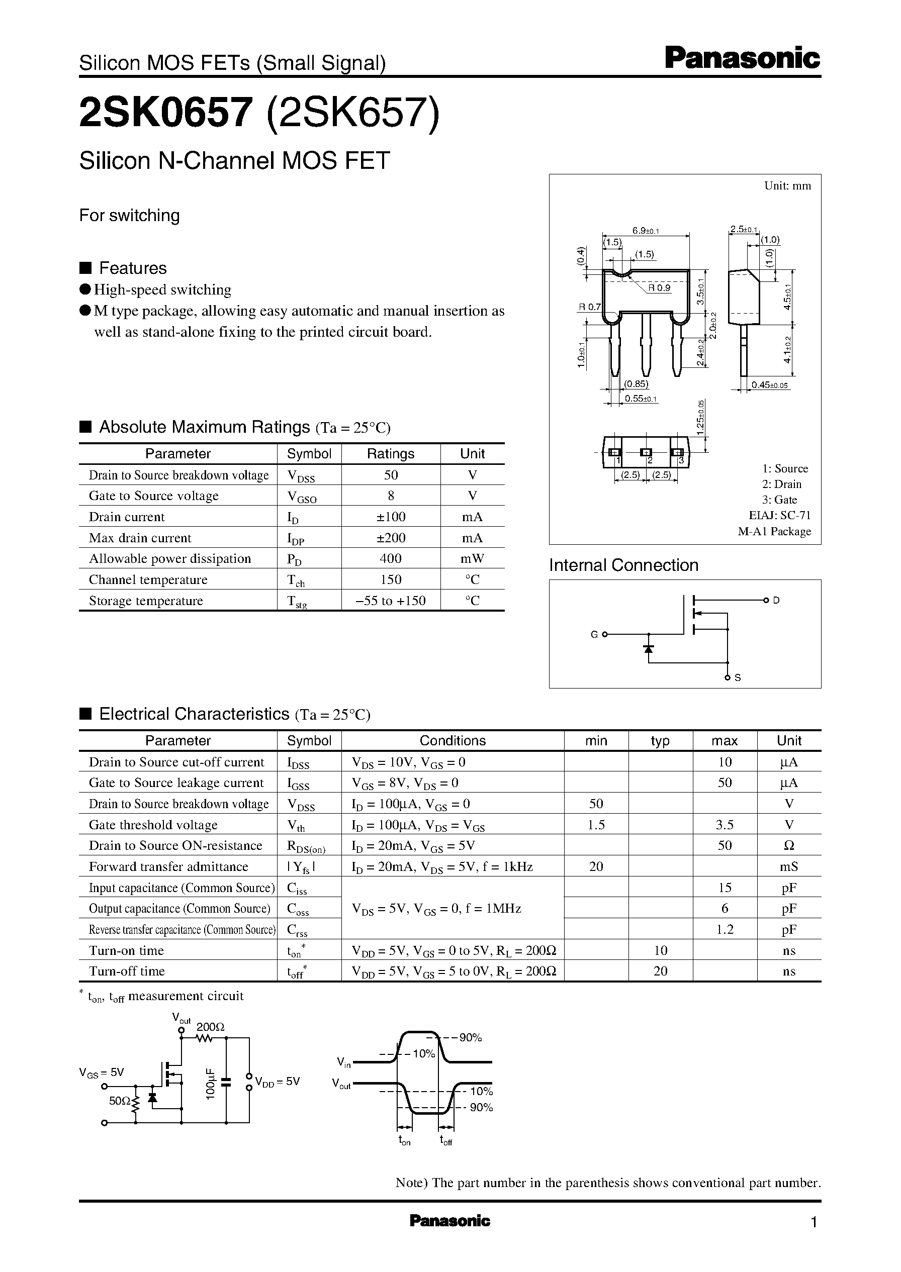 Даташит 2SK0657 - For Switching страница 1