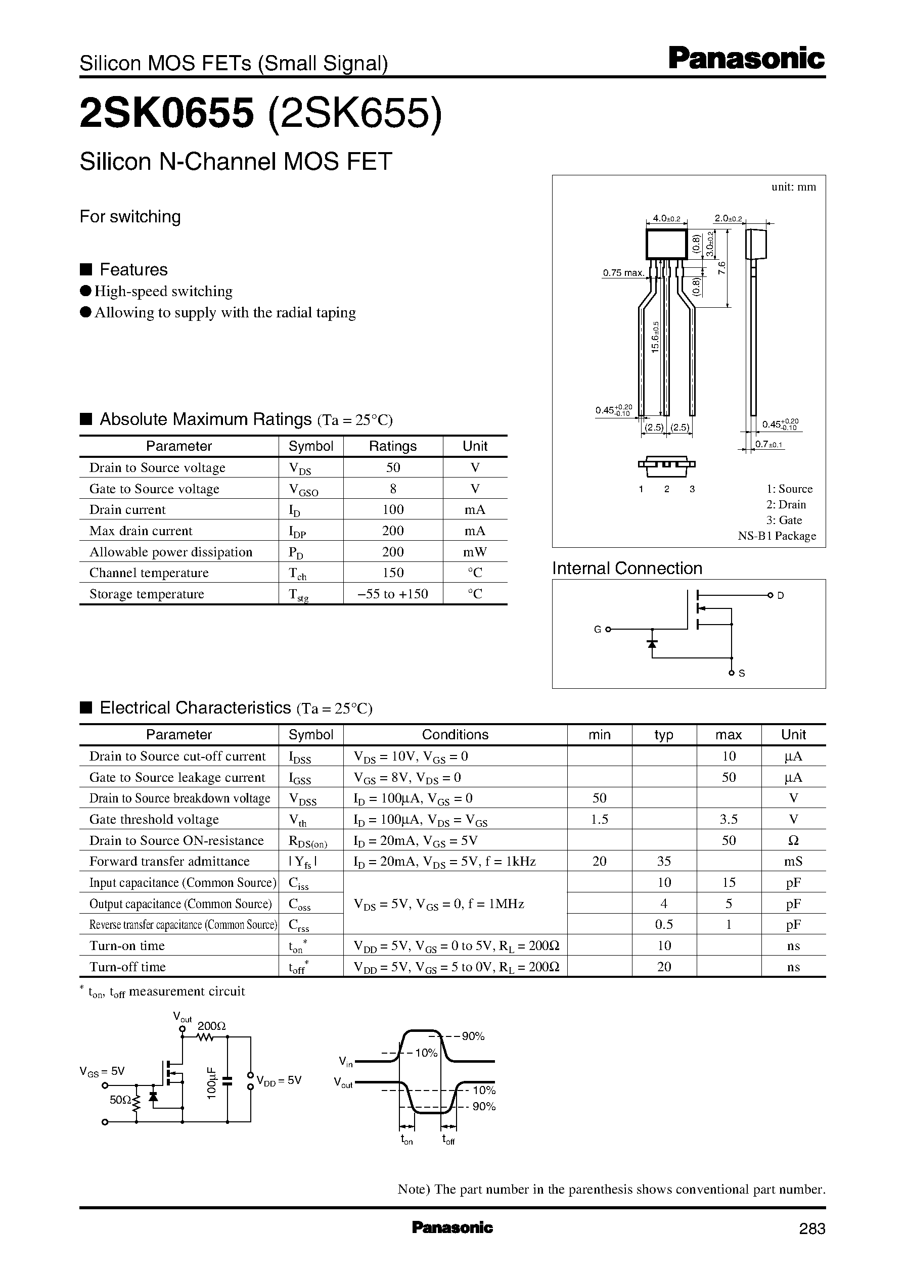Даташит 2SK0655 - For Switching страница 1
