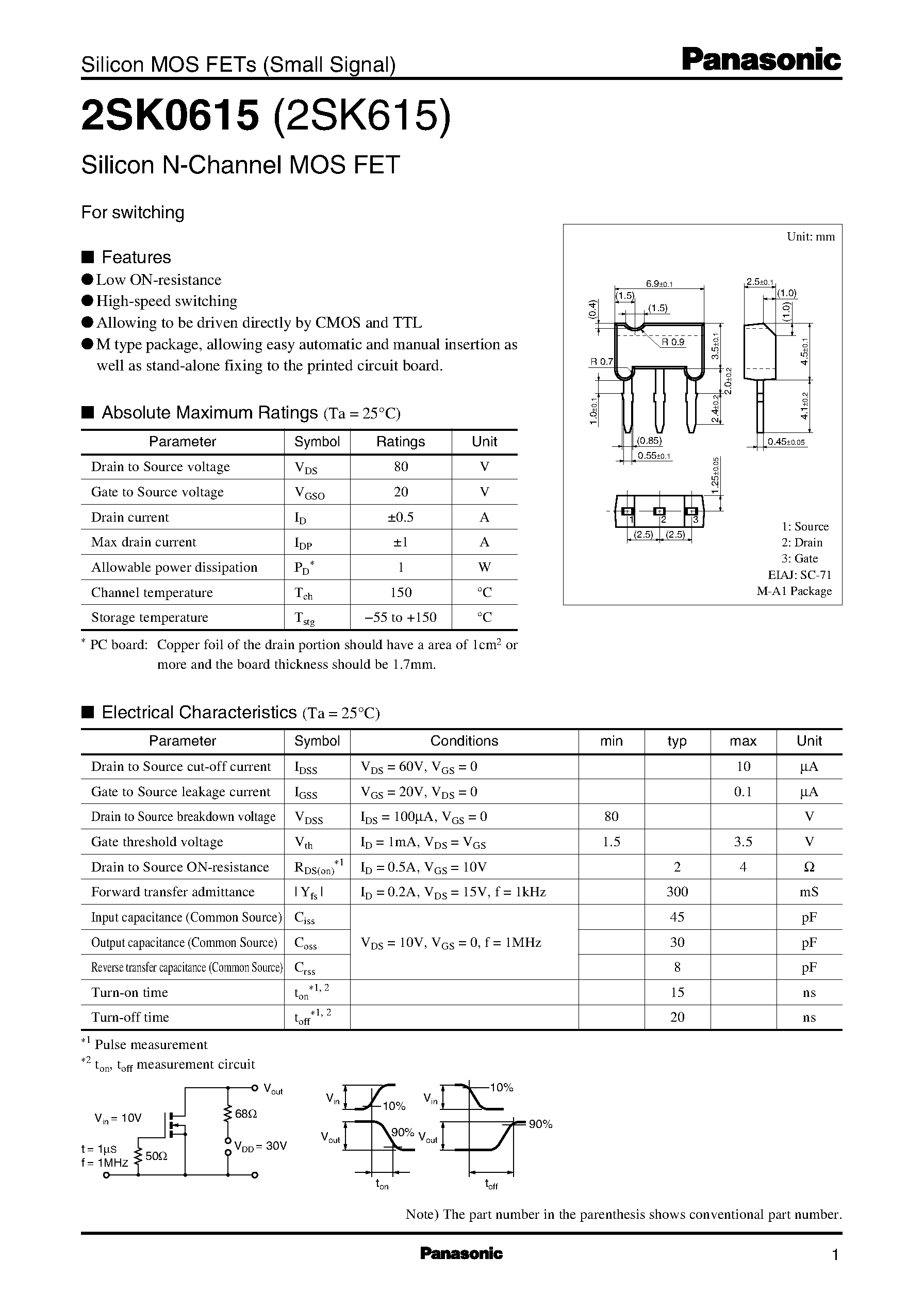 Datasheet 2SK0615 - SILICON N-CHANNEL MOS FET page 1