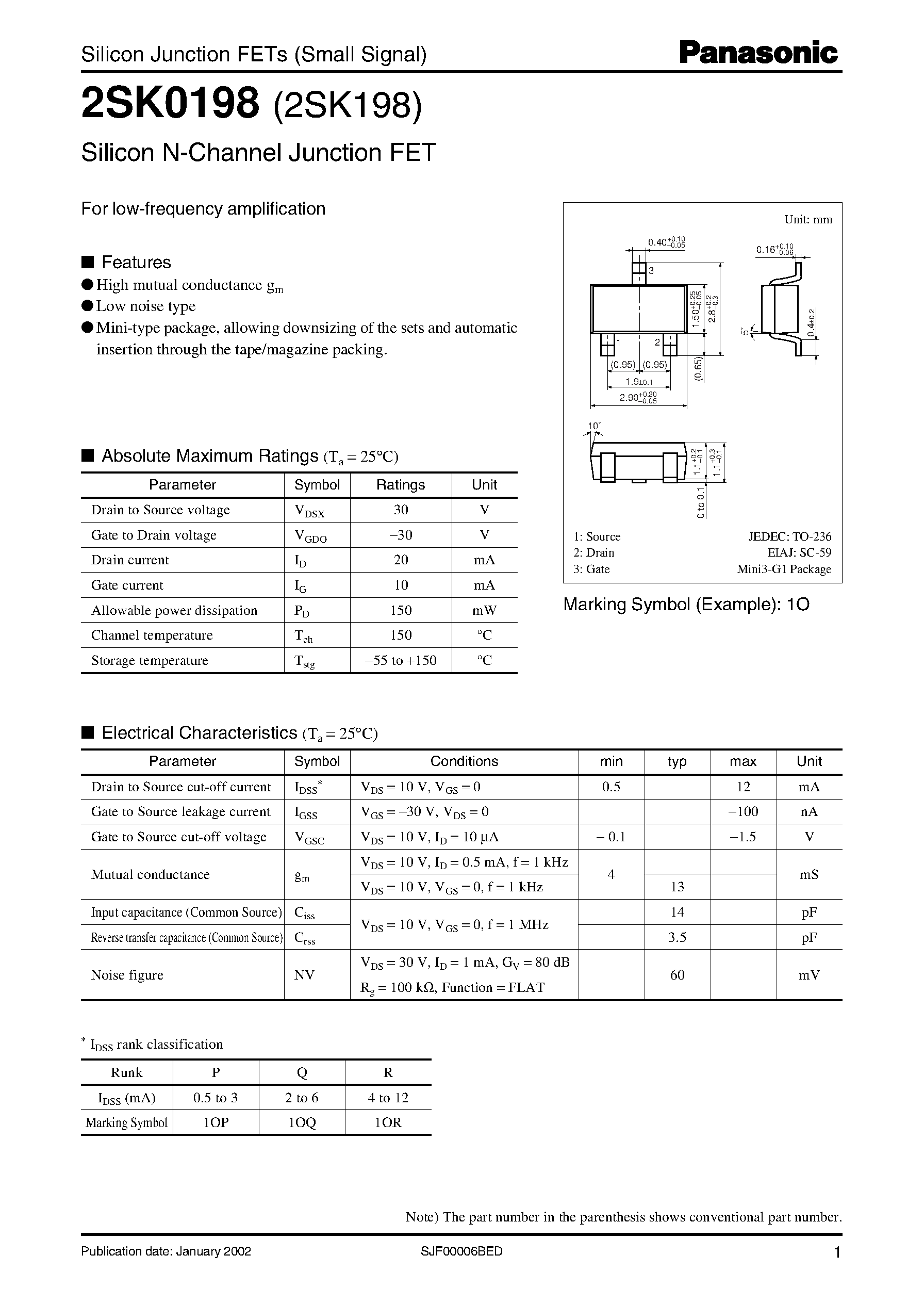 Даташит 2SK0198 - For Low-Frequency Amplification страница 1
