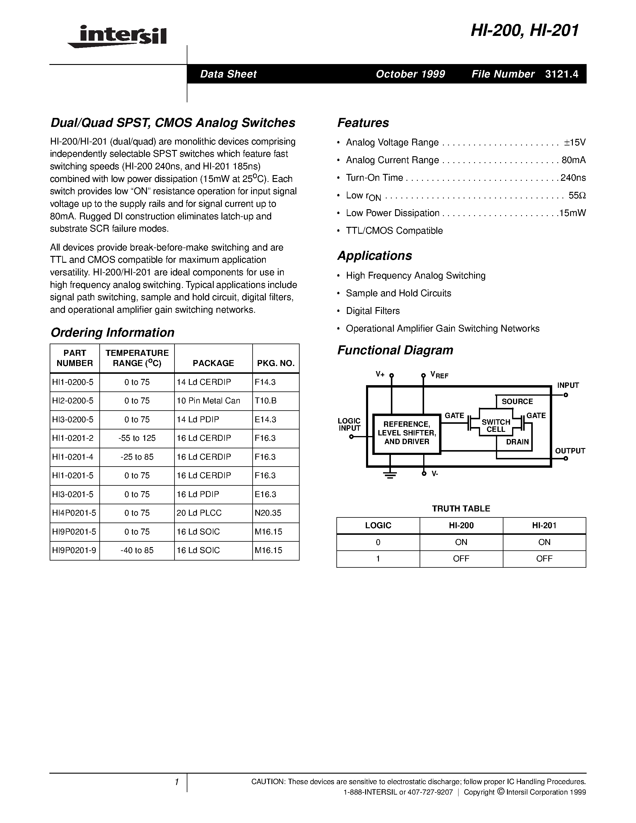 Даташит HI2-0200-5 - Dual/Quad SPST / CMOS Analog Switches страница 1