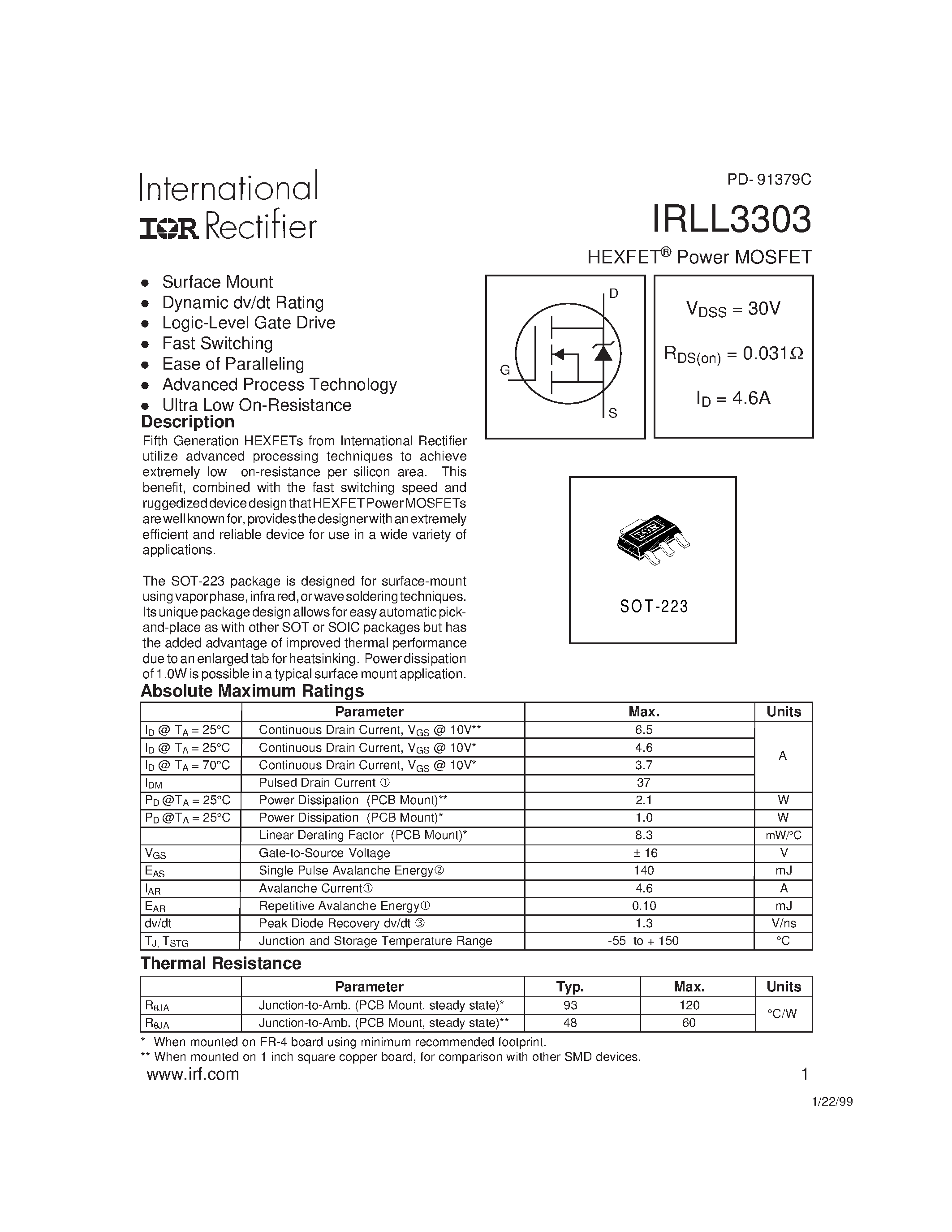 Datasheet IRLL3303 - HEXFET Power MOSFET page 1