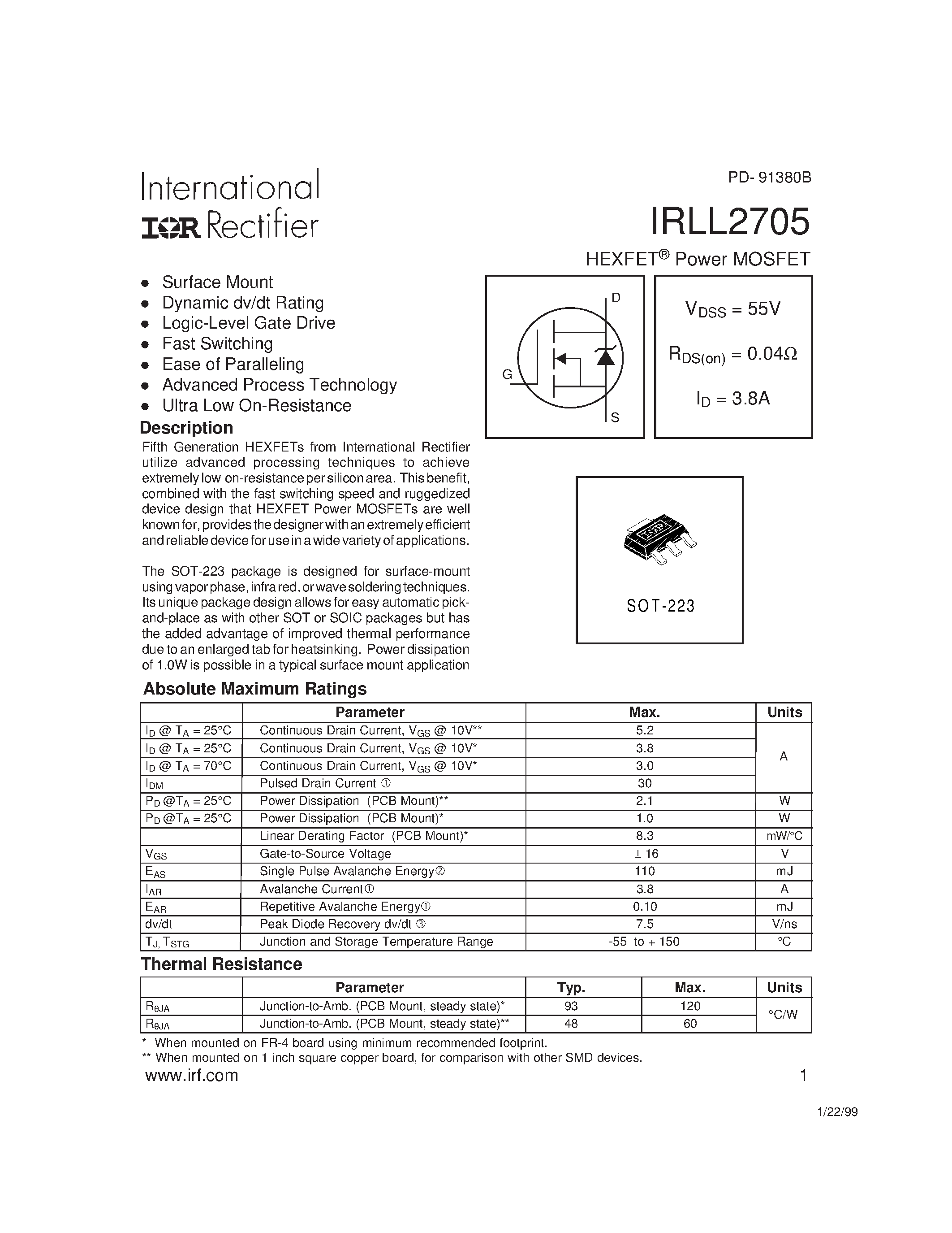 Даташит IRLL2705 - HEXFET Power MOSFET страница 1