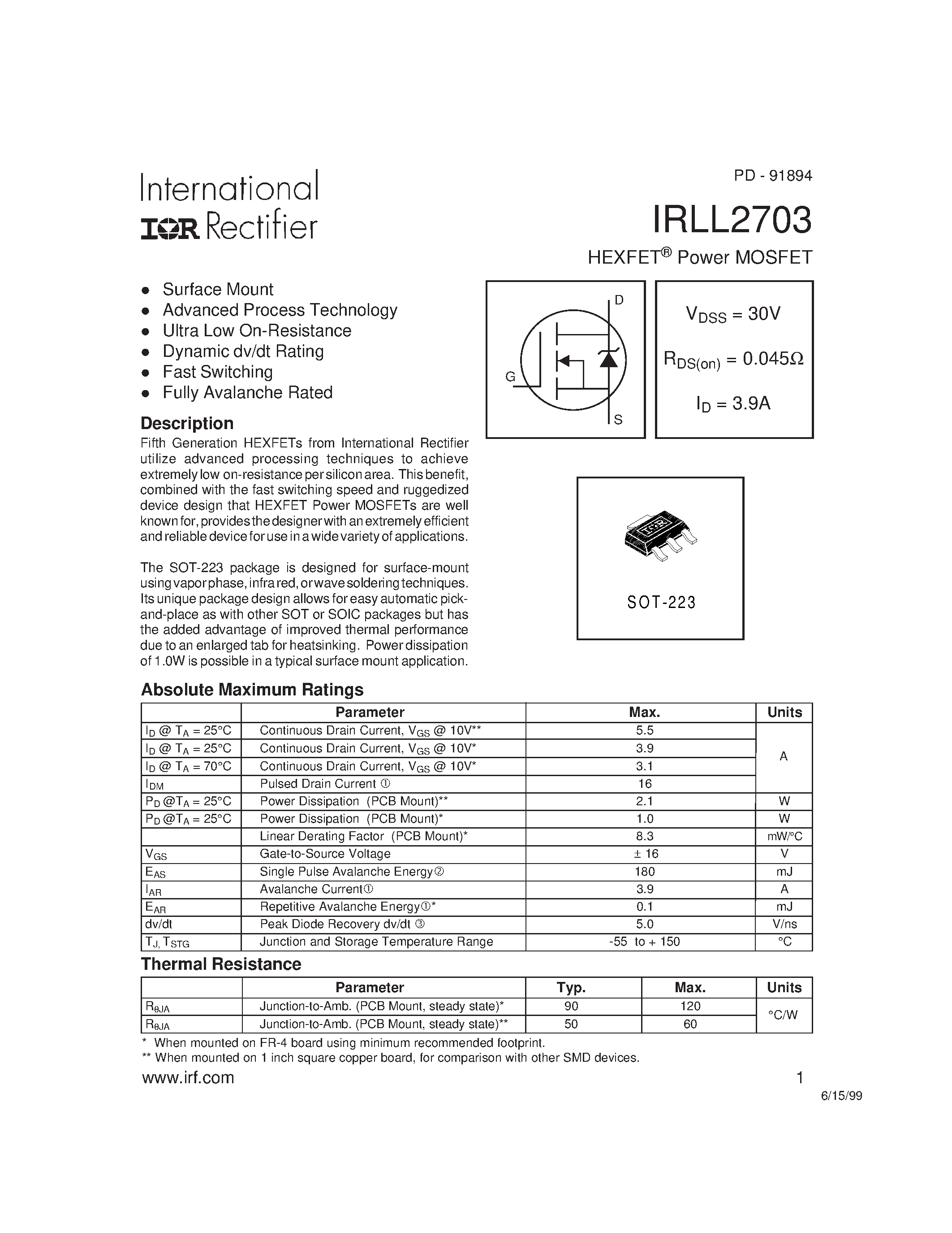Даташит IRLL2703 - HEXFET Power MOSFET страница 1