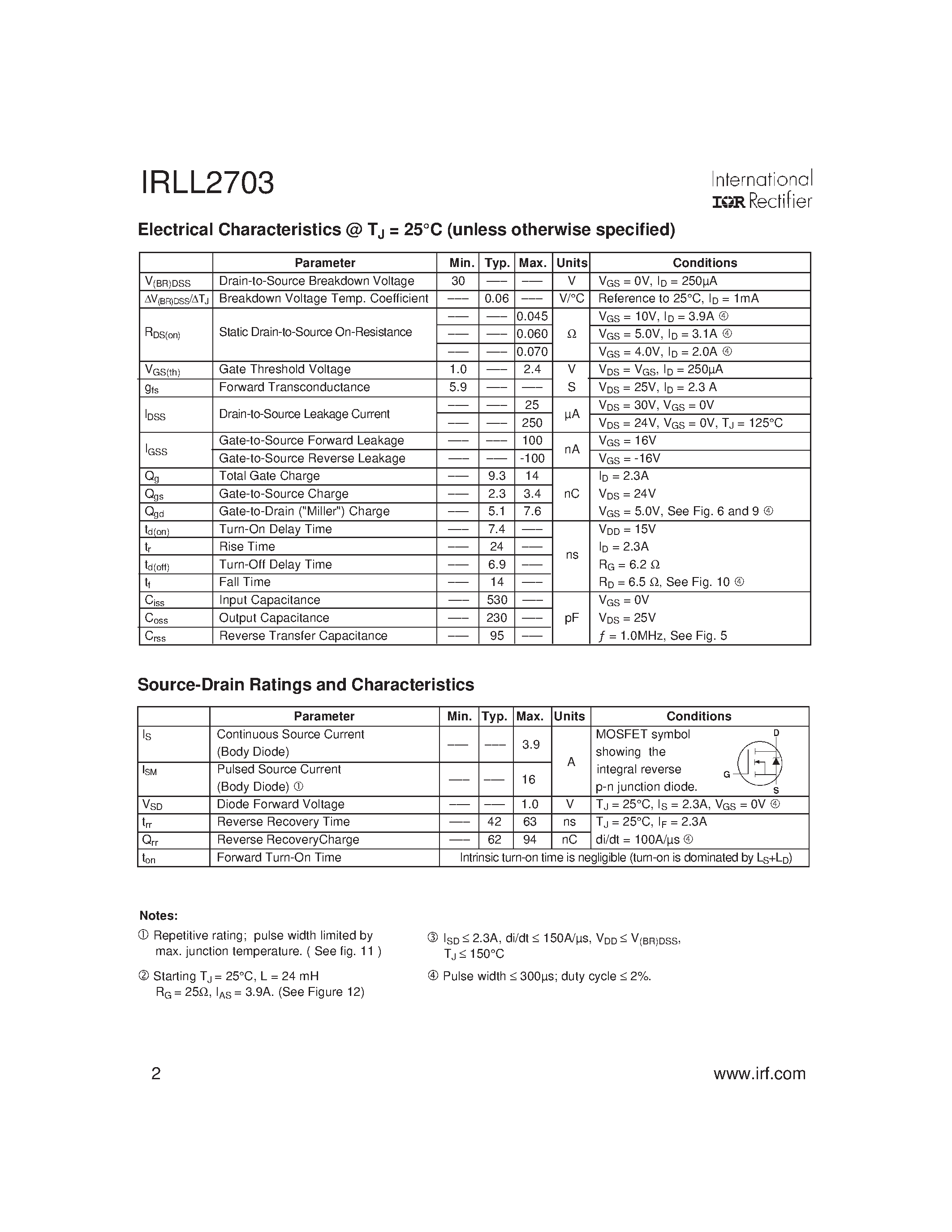 Даташит IRLL2703 - HEXFET Power MOSFET страница 2