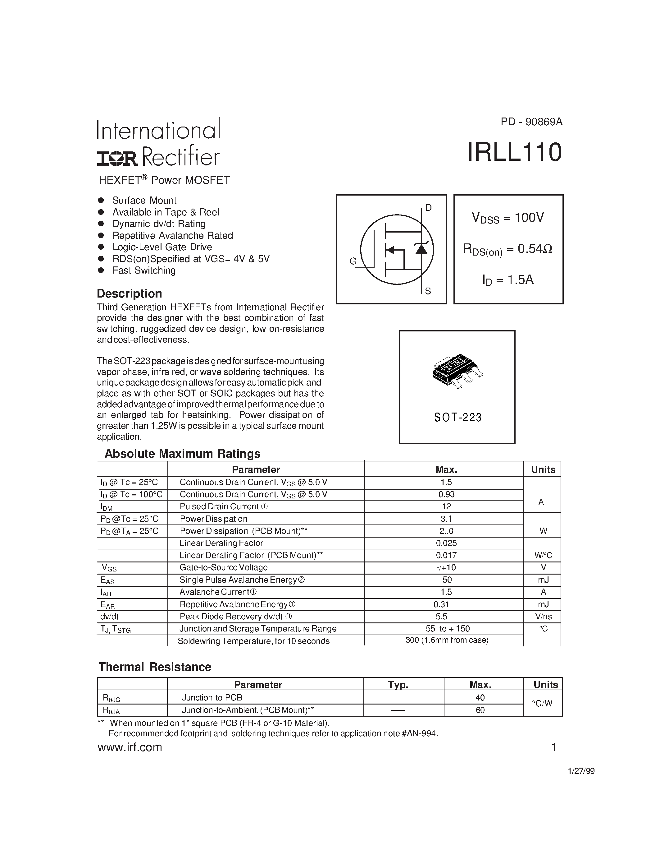 Даташит IRLL110 - Power MOSFET страница 1
