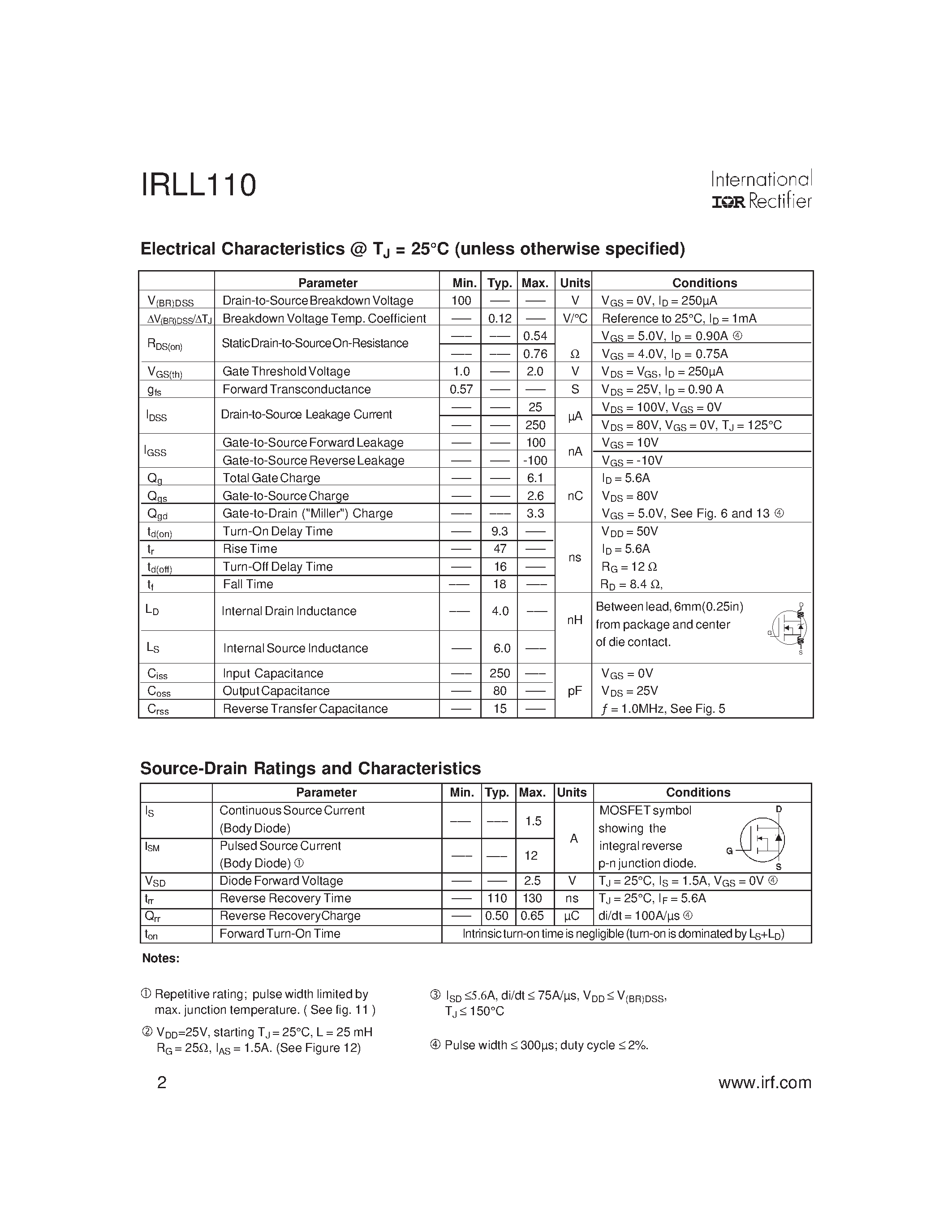 Даташит IRLL110 - Power MOSFET страница 2