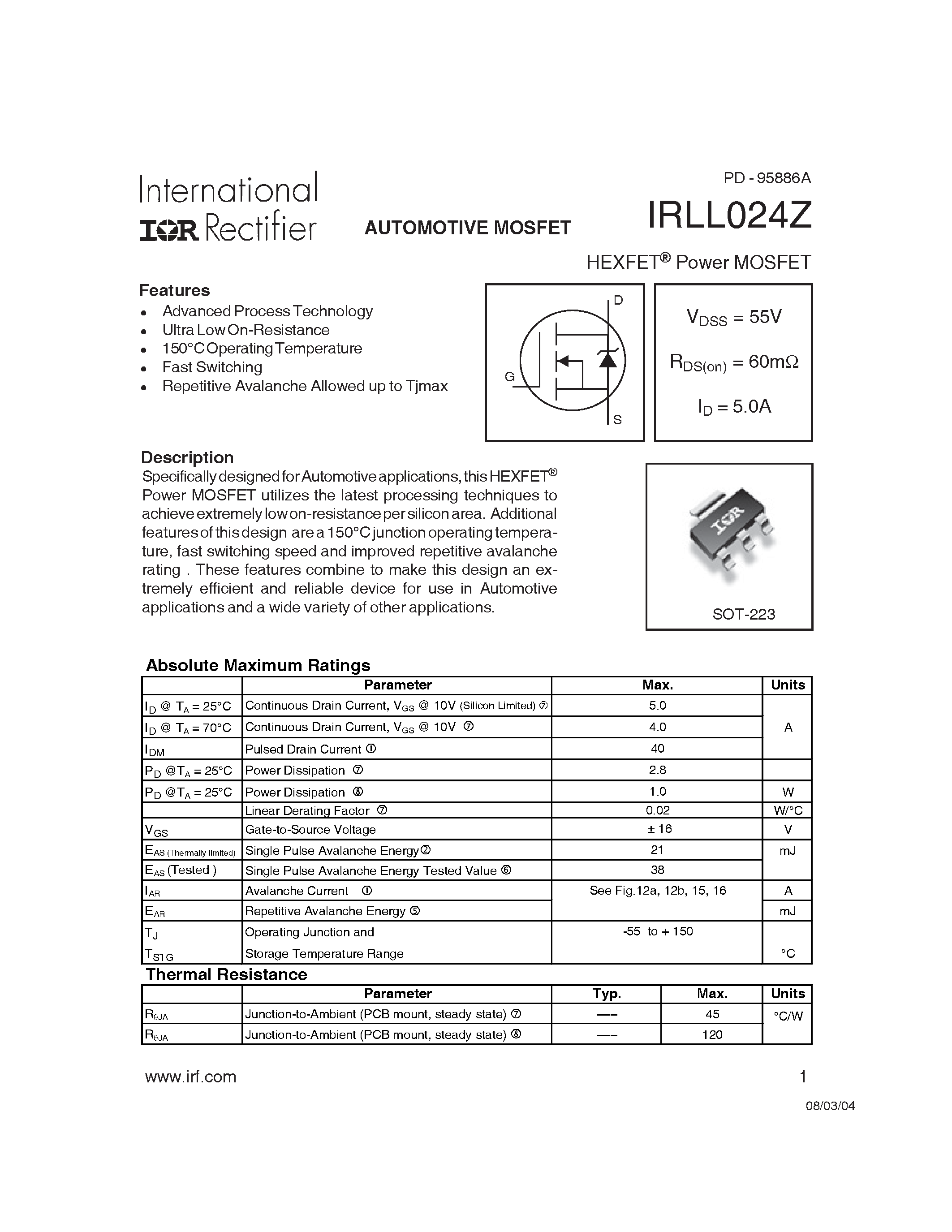 Даташит IRLL024Z - AUTOMOTIVE MOSFET страница 1