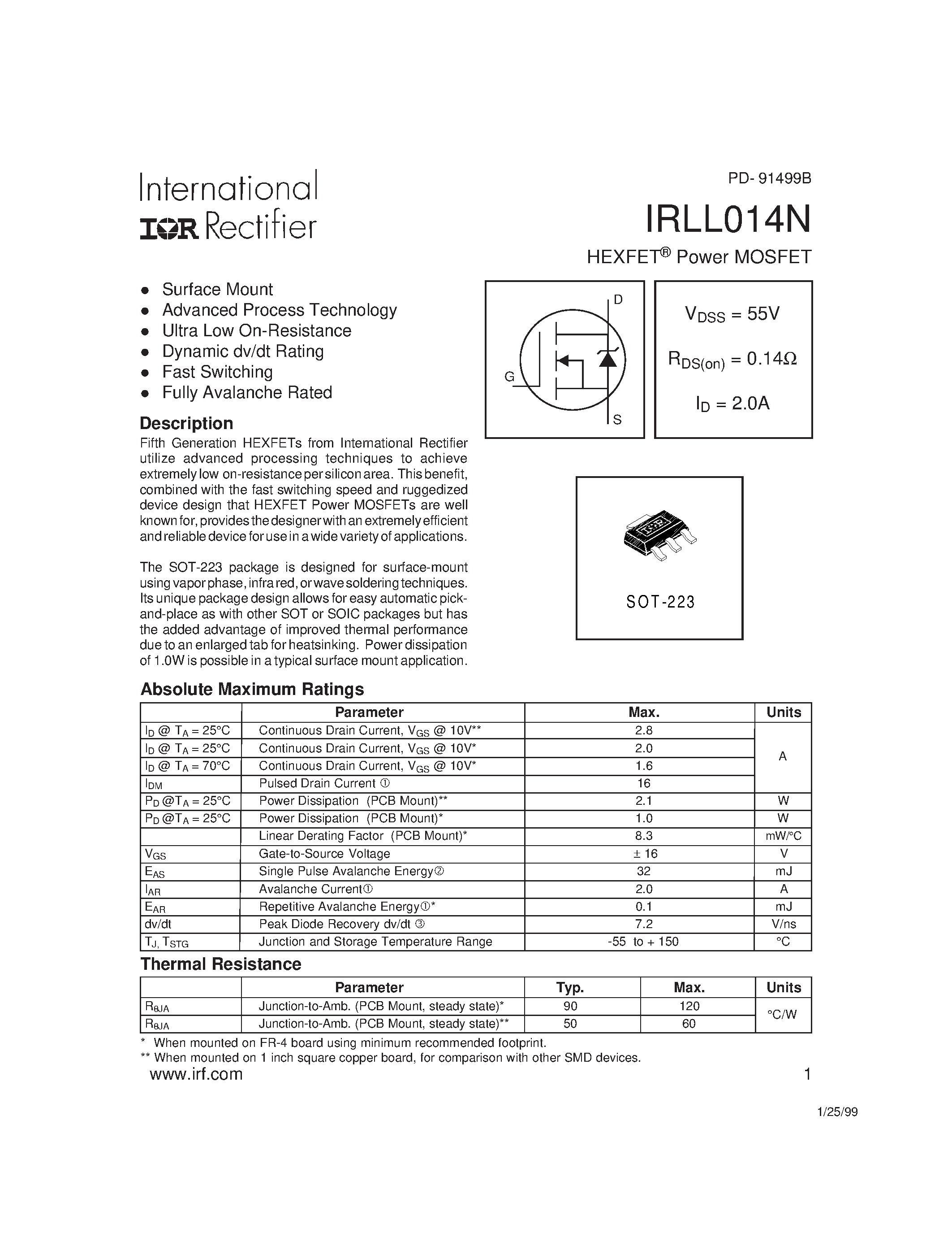 Даташит на микросхему IRLL014N страница 1 Даташит IRLL014N - HEXFET Power MOSFET страница 1