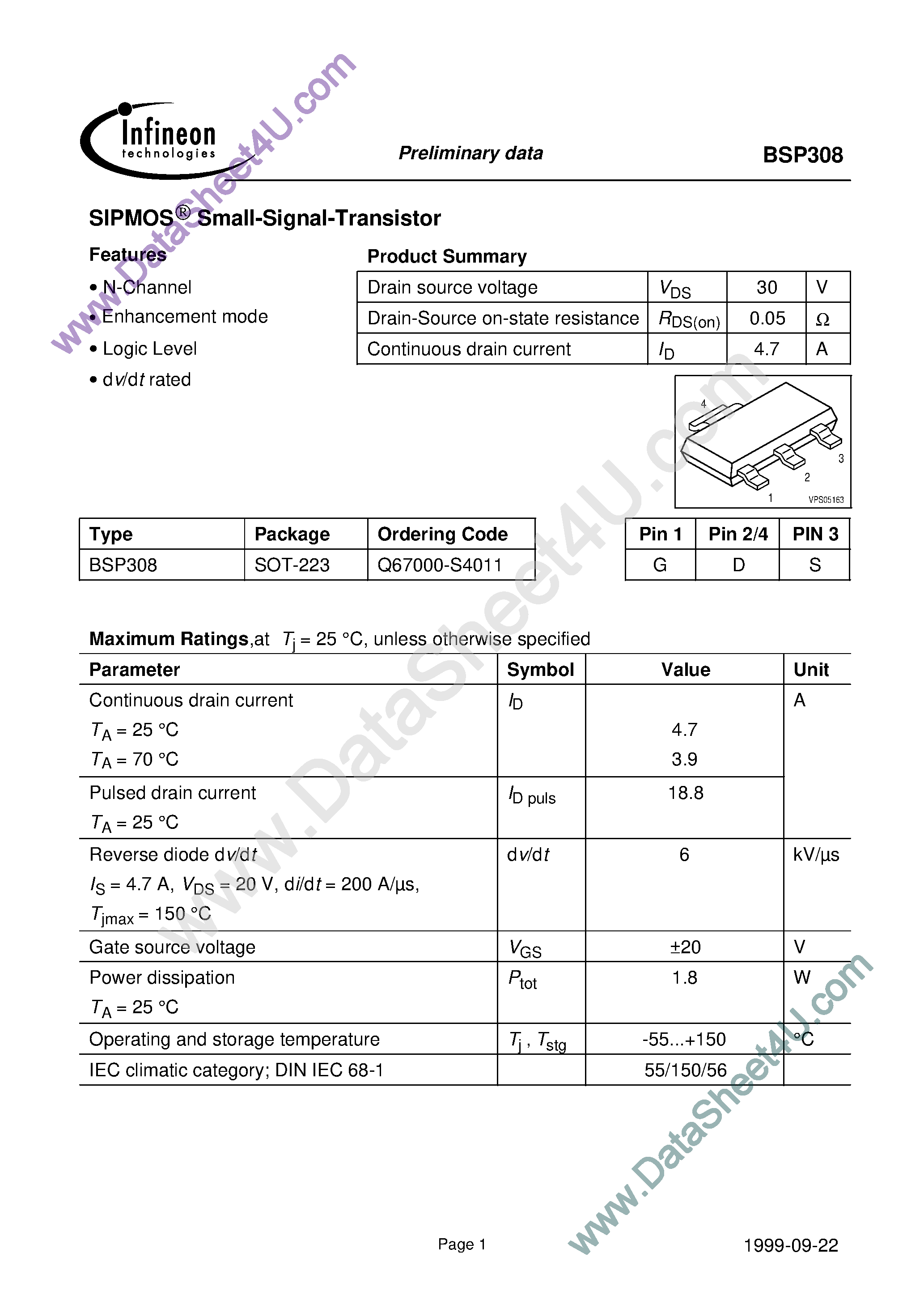 Даташит BSP308 - Sipmos(r) Small-signal-transistor страница 1