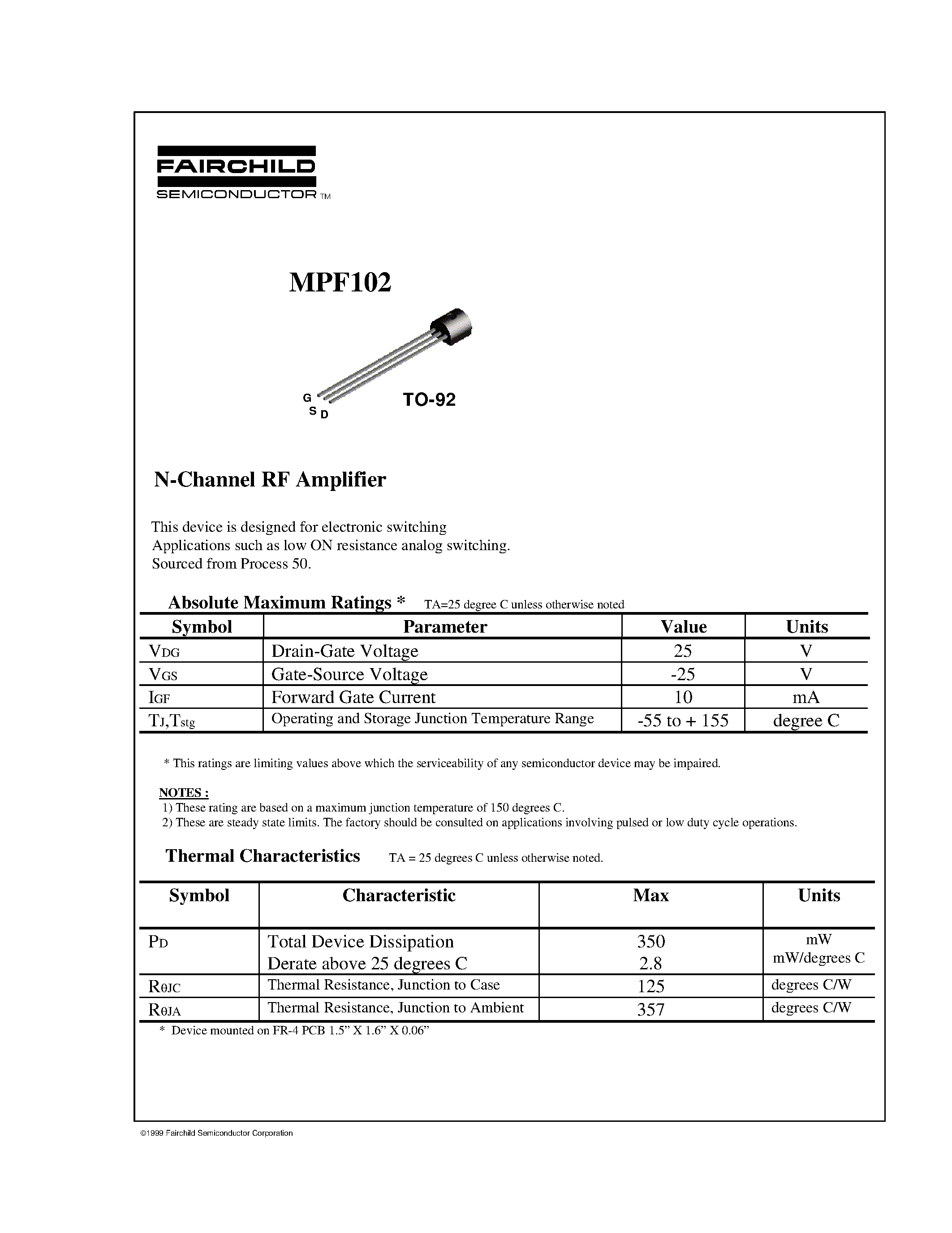 Datasheet MPF102 - N-Channel RF Amplifier page 1