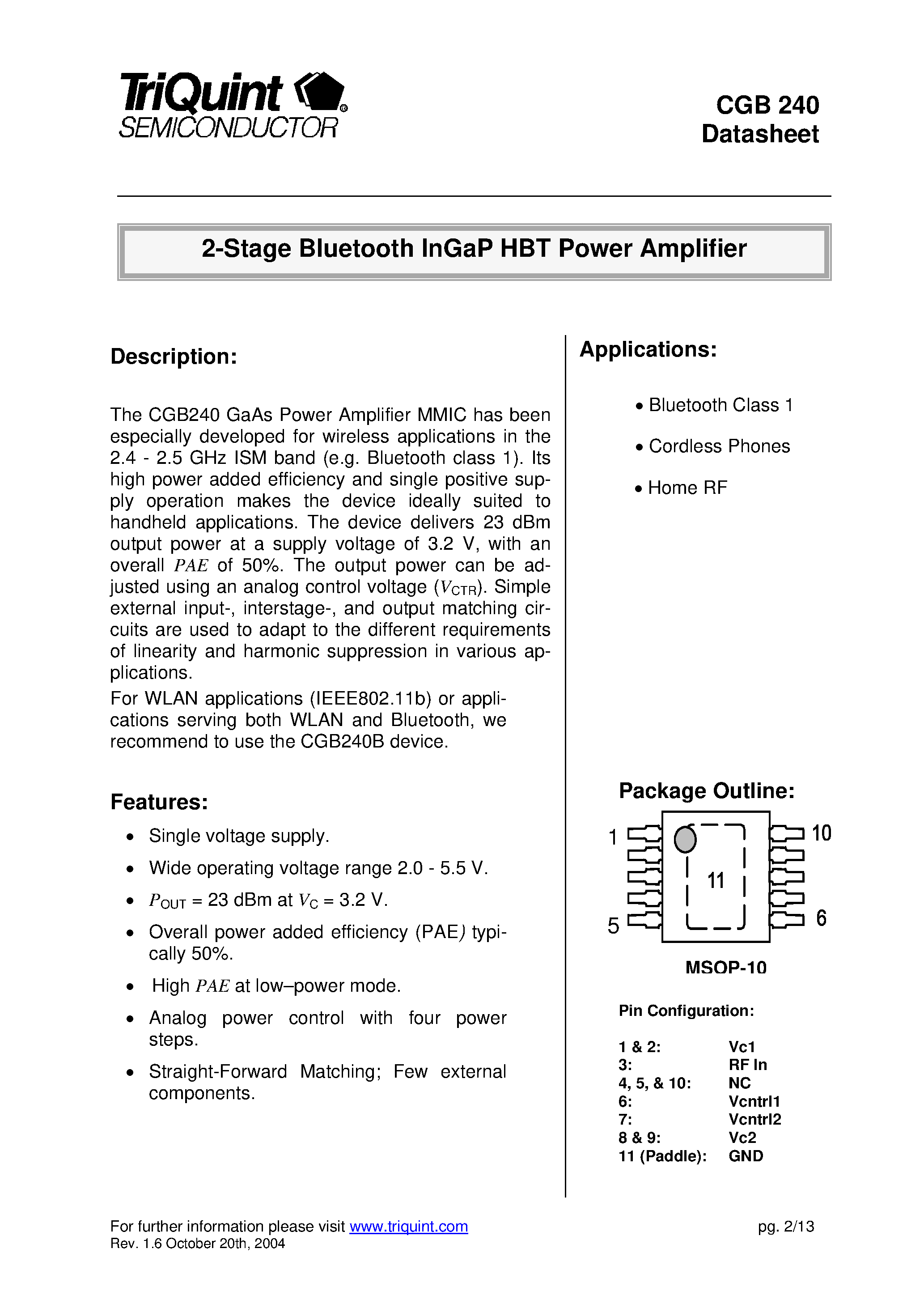 Datasheet CGB240 - 2-Stage Bluetooth InGaP HBT Power Amplifier page 1