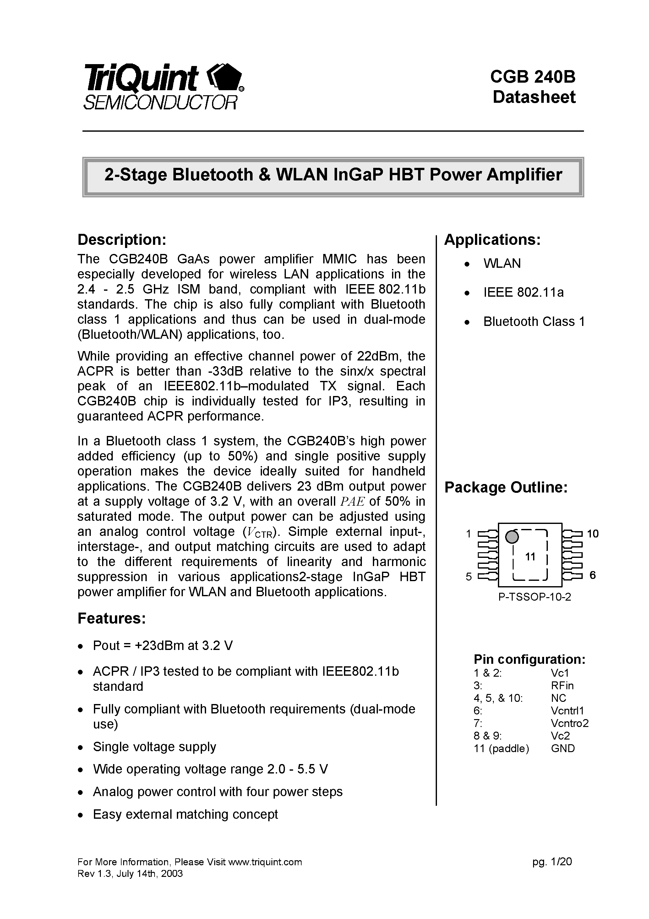 Datasheet CGB240B - 2-Stage Bluetooth & WLAN InGaP HBT Power Amplifier page 1