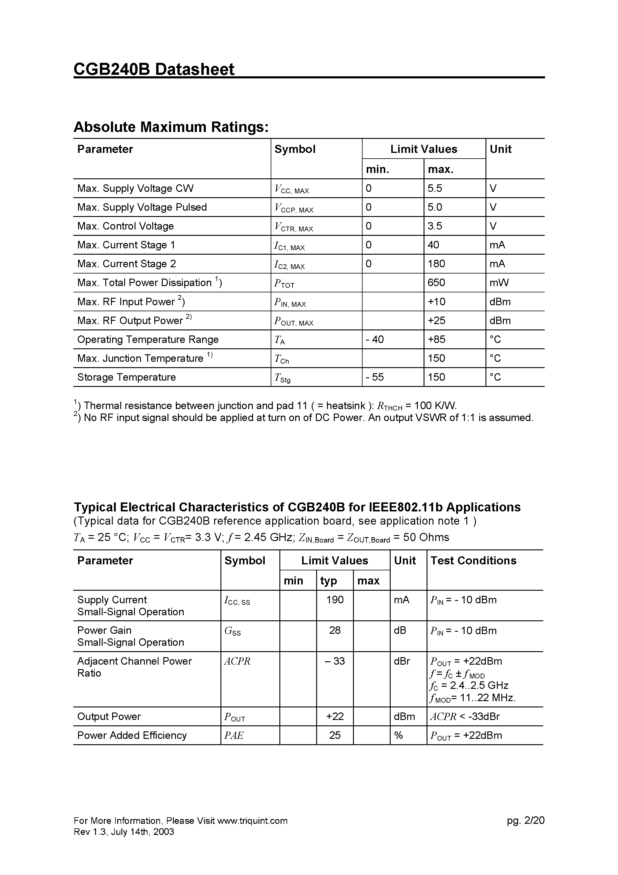 Datasheet CGB240B - 2-Stage Bluetooth & WLAN InGaP HBT Power Amplifier page 2