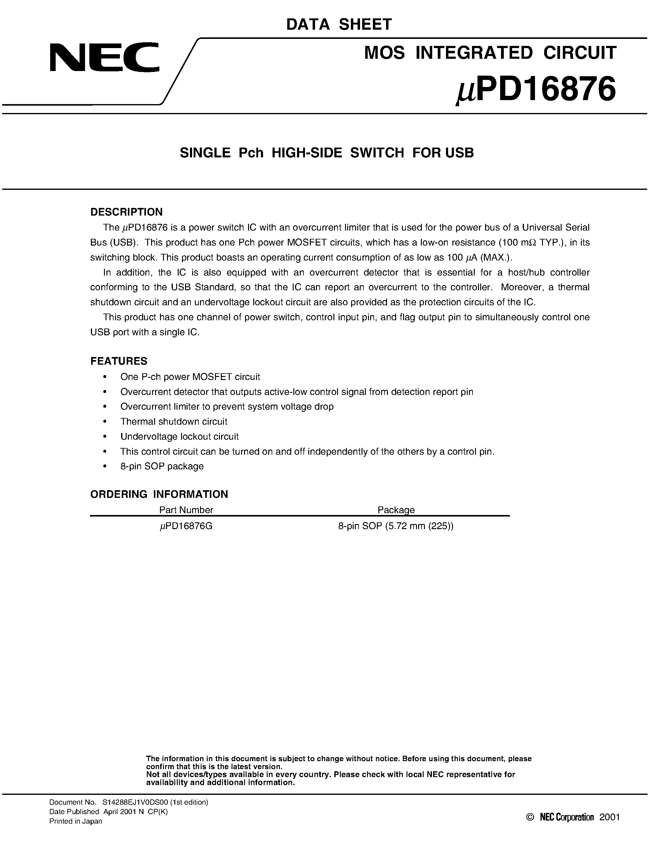 Datasheet UPD16876 - Single Pch High-Side Switch for USB page 1