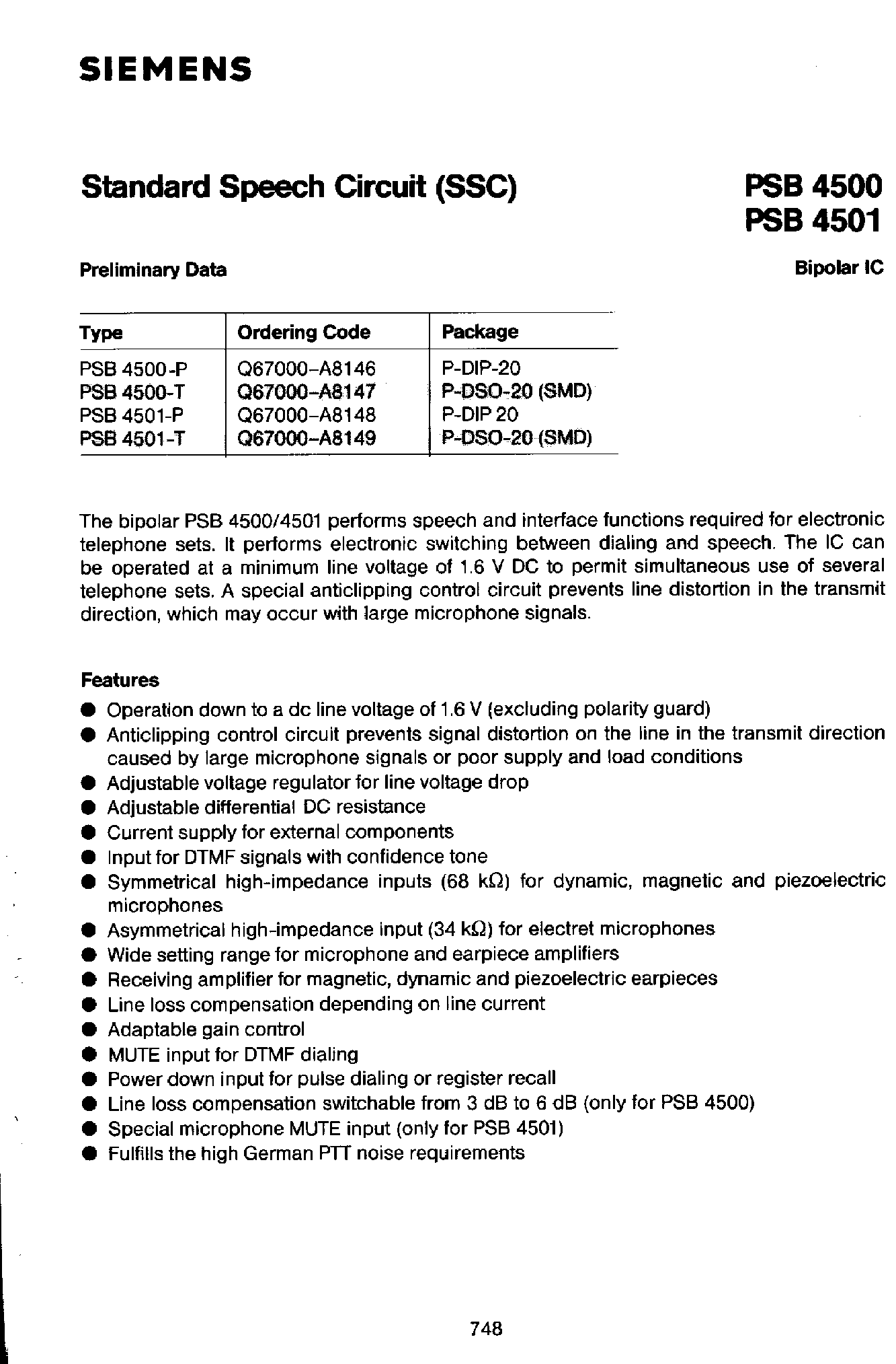 Даташит PSB4500 - (PSB4500) Standard Speech Circuit страница 1