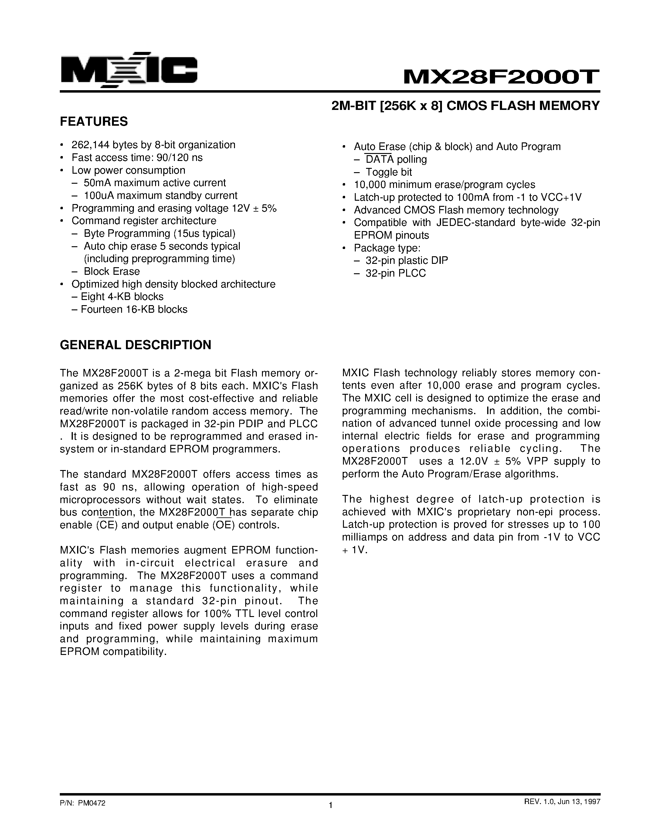 Datasheet MX28F2000T - 2M-BIT [256K x 8] CMOS FLASH MEMORY page 1