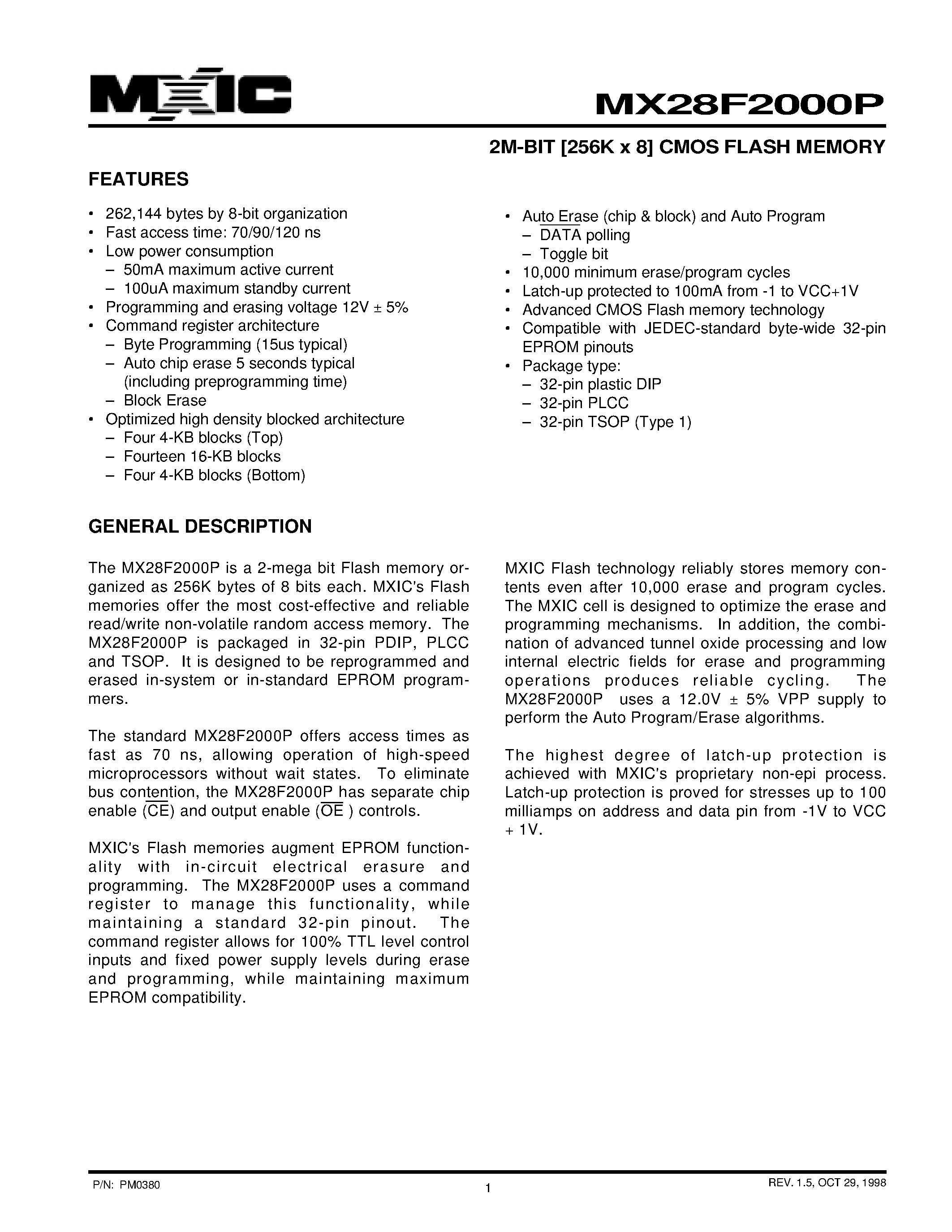 Datasheet MX28F2000P - 2M-BIT [256K x 8] CMOS FLASH MEMORY page 1