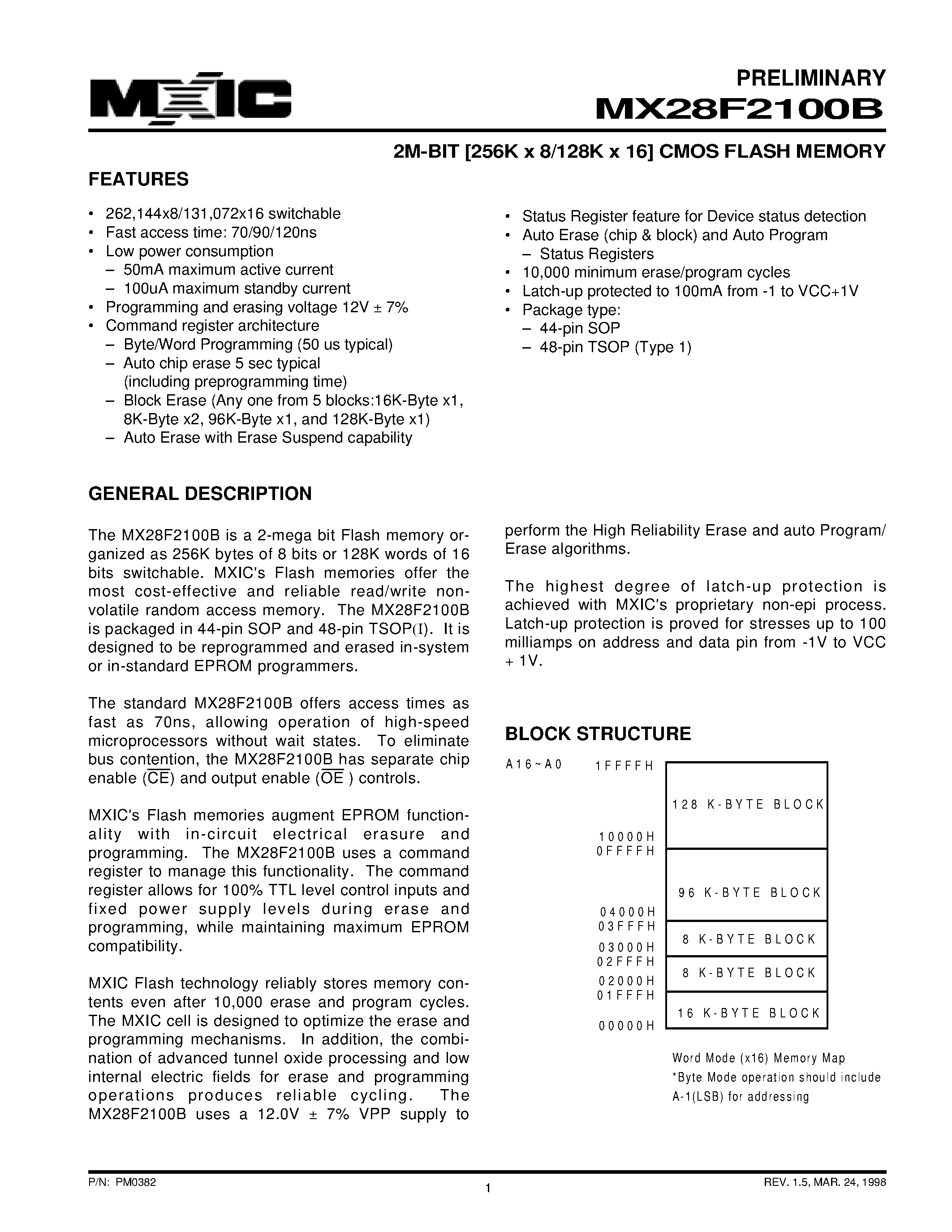 Datasheet MX28F2100B - 2M-BIT [256K x 8/128K x 16] CMOS FLASH MEMORY page 1