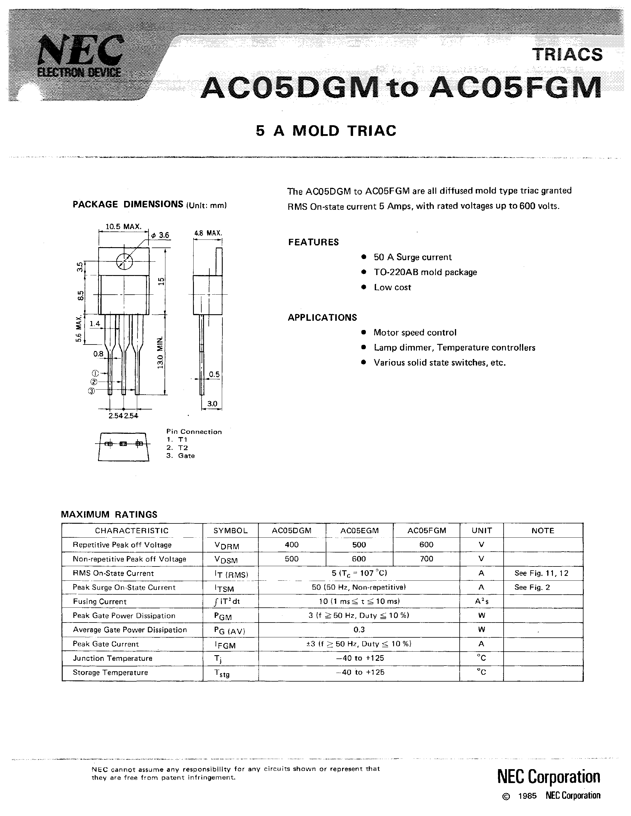 Datasheet AC05DGM - (AC05DGM - AC05FGM) 5 A MOLD TRIAC page 1