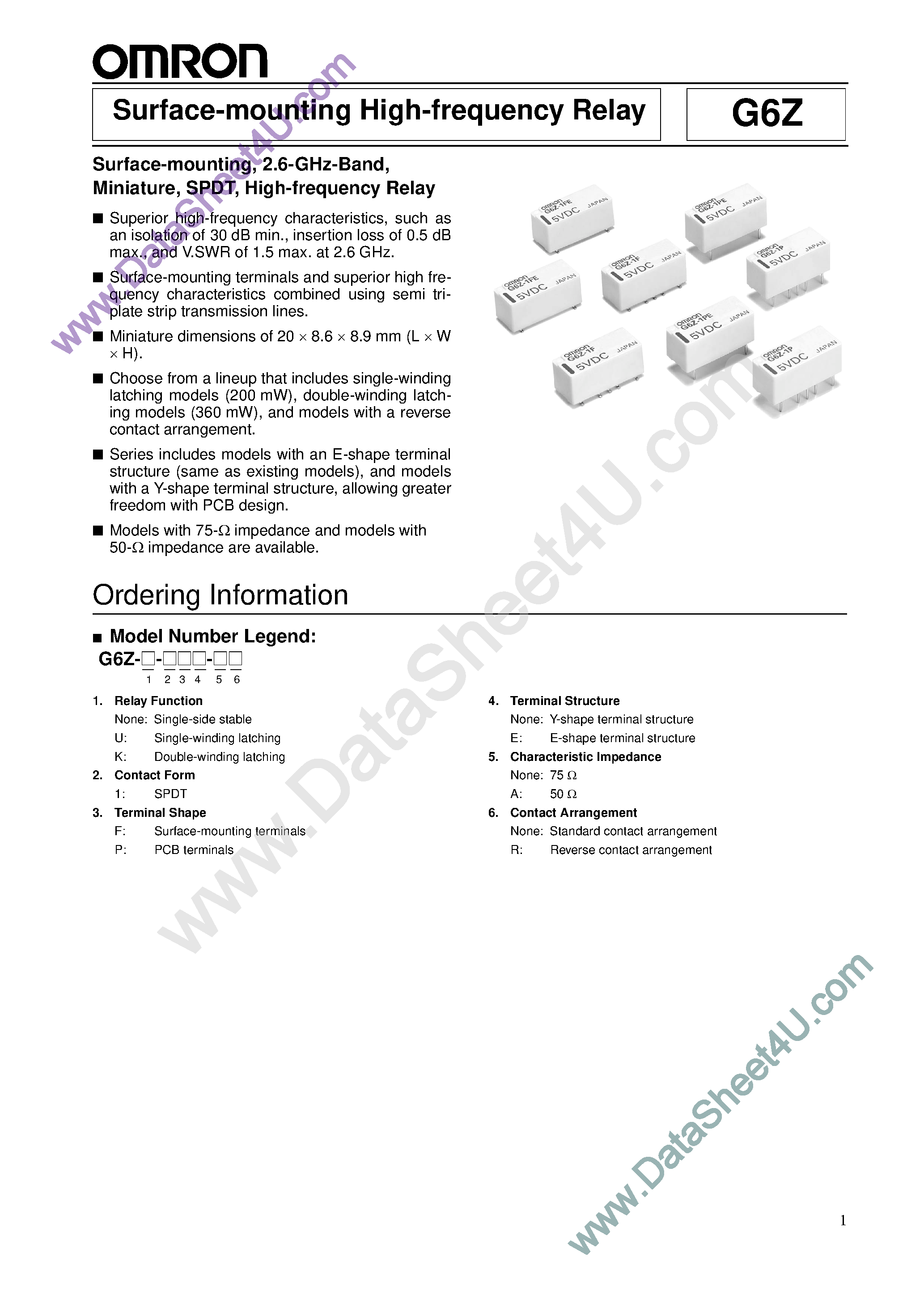 Datasheet G6Z page 1 Datasheet G6Z - (G6Z Series) Surface-mounting High-frequency Relay page 1