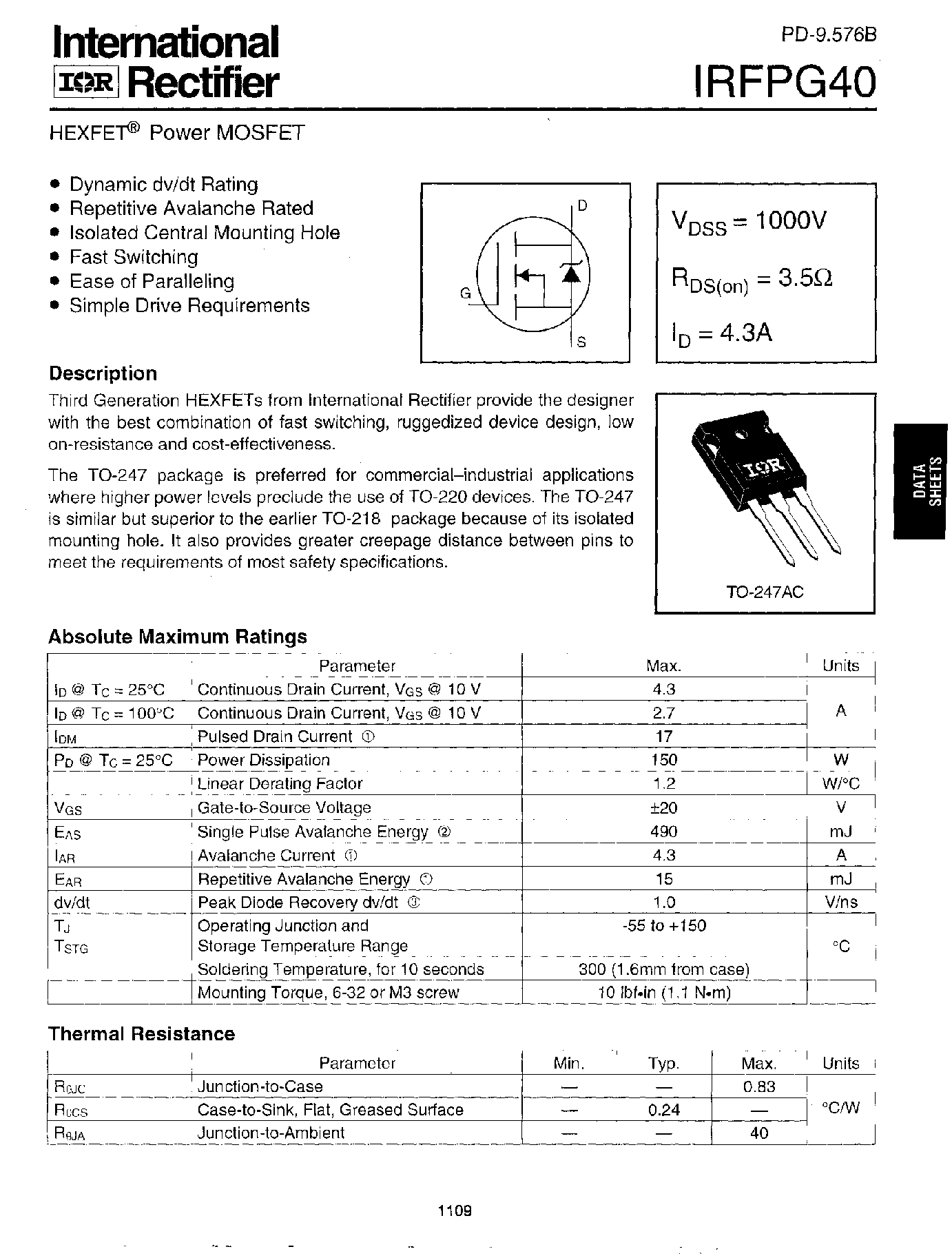 Datasheet IRFPG40 - Power MOSFET page 1