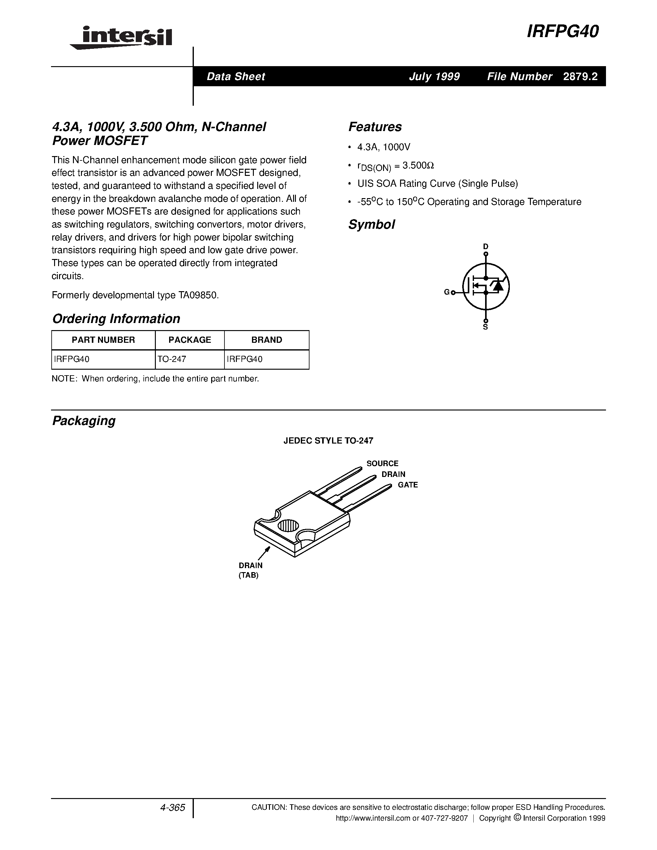Datasheet IRFPG40 page 1 Datasheet IRFPG40 - N-Channel Power MOSFET page 1