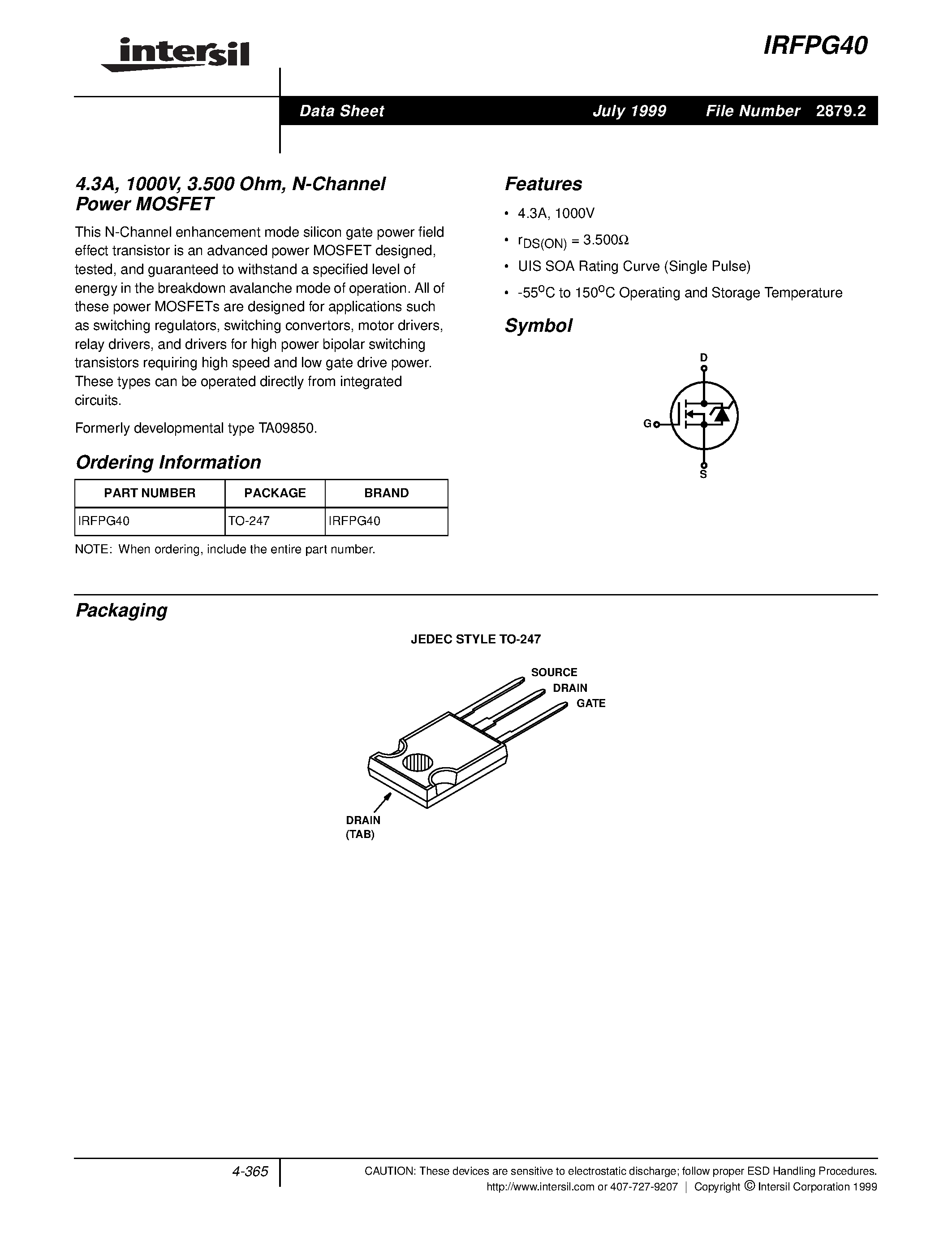 Datasheet IRFPG40 - N-Channel Power MOSFET page 1